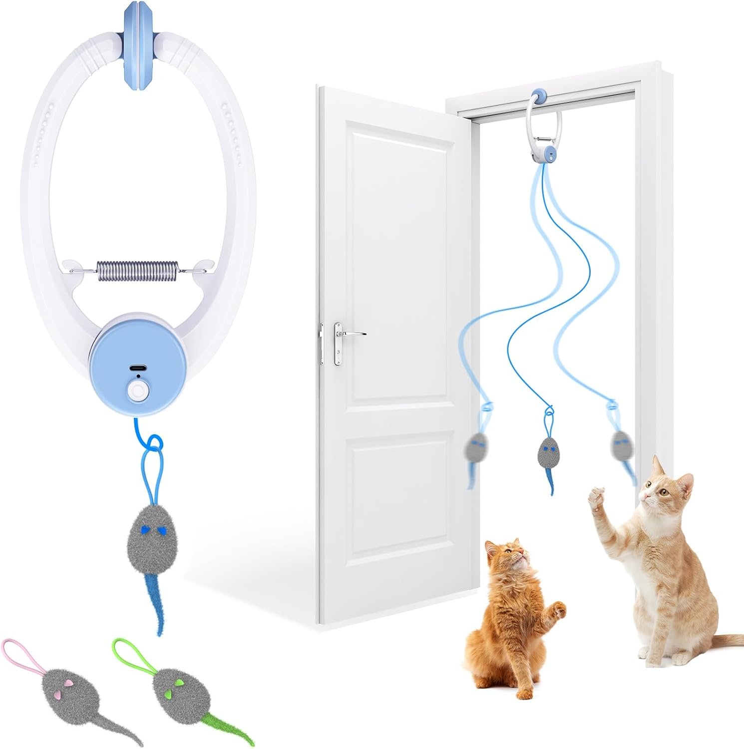 Cat Toy Interactive for Indoor Cats, Smart USB Rechargeable Door Hanging Automatic Retractable Kitten Toys, Teaser Electronic Self Play Feather Cat String Toys Attached with 3 Catnip Mice White - Image 2
