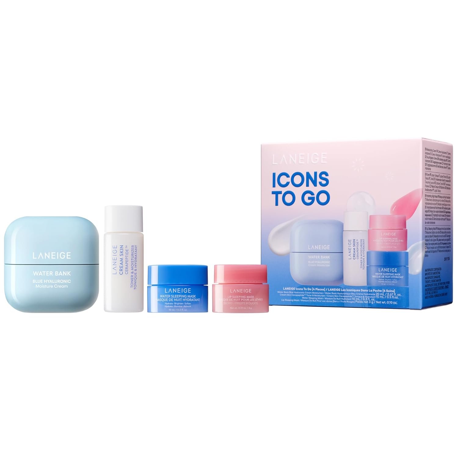 LANEIGE Icons To Go & Besties Set: Water Bank Cream, Cream Skin, Water Sleeping Mask, Lip Sleeping Mask, Hyaluronic Acid, Squalane, Coconut Oil, Vitamin C, Travel Friendly - Image 2
