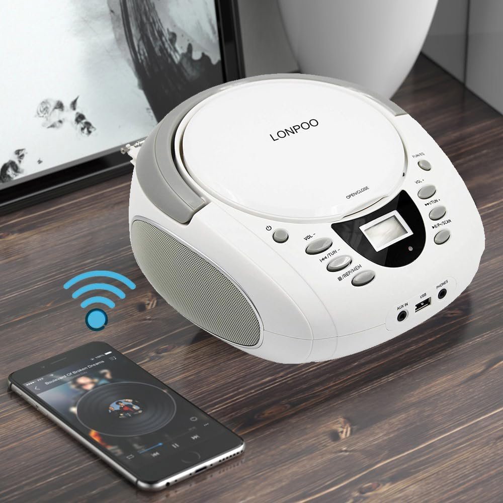 LONPOO CD Player Portable Boombox with FM Radio/USB/Bluetooth/AUX Input and Earphone Jack Output, Stereo Sound Speaker & Audio Player,White - Image 2