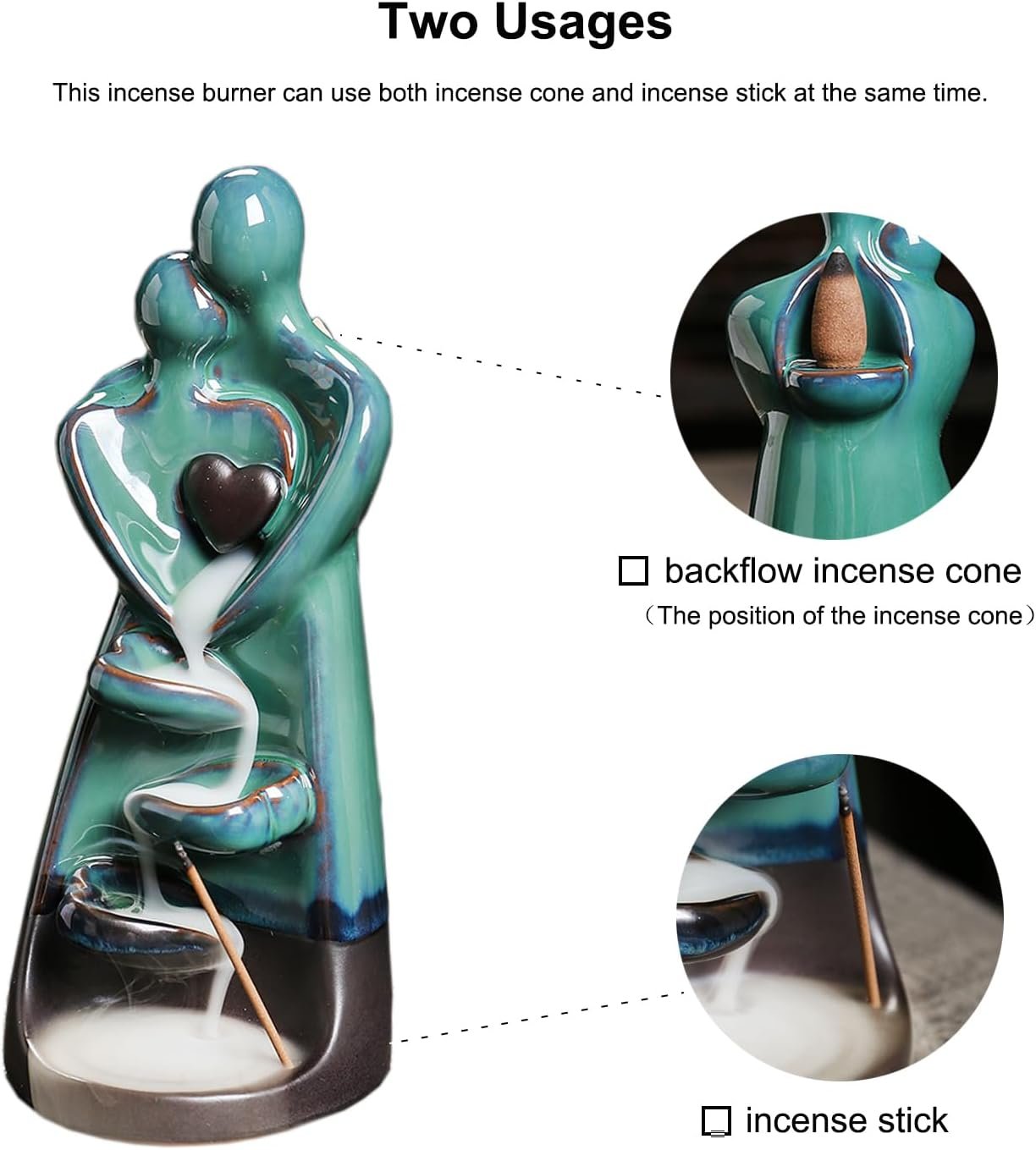 Ceramic Incense Holder, Creative Incense Waterfall Ornament, Backflow Incense Burner with 20 Backflow Incense Cones + 30 Incense Sticks, Zen Garden Yoga Meditation Home Decor - Image 3