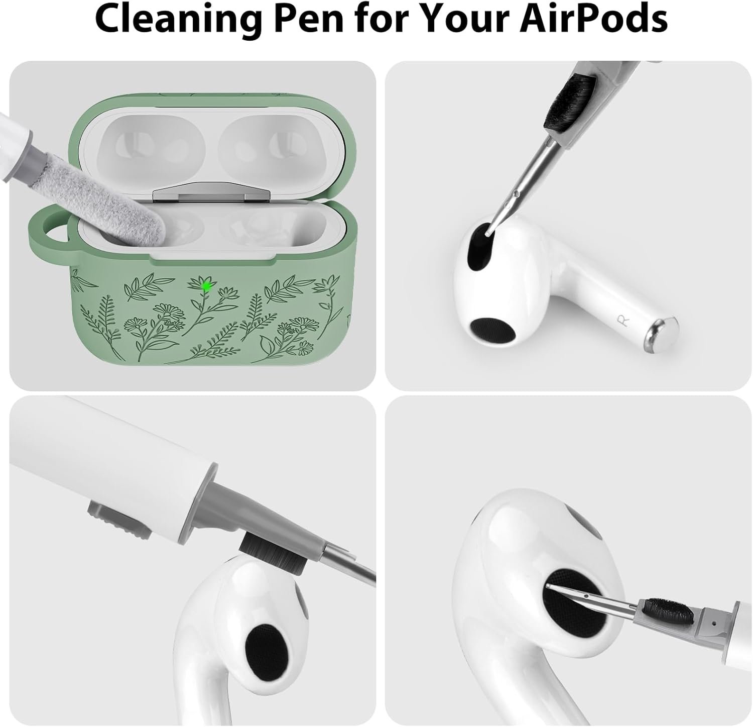 Compatible with Airpod Pro 2nd Generation Case, Flower Engraved Cute Airpod Case Cover with Cleaner Kit, Soft Silicone Skin Full Cover for airpod pro 2 gen case, Cactus Green - Image 4