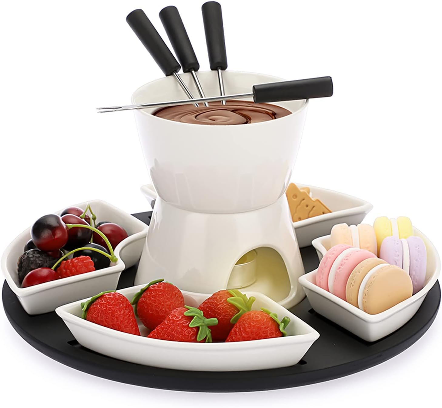 300ML Ceramic Butter Warmer Set with Wooden Pallet, Fondue Pot Melting Pot Set, Melt Hot Pot Bowl Set For Cheese Chocolate Butter Caramel, with 4 Forks and 4 Dishes - Image 2