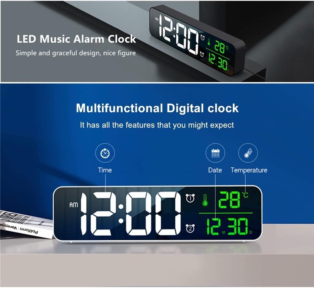 Digital Large Display Alarm Clock for Living Room Office Bedroom Decor LED Electronic Date Temp Display Wall Electric Clocks Automatic Brightness Dimmer Smart Cool Modern Desk Accessories Black - Image 4