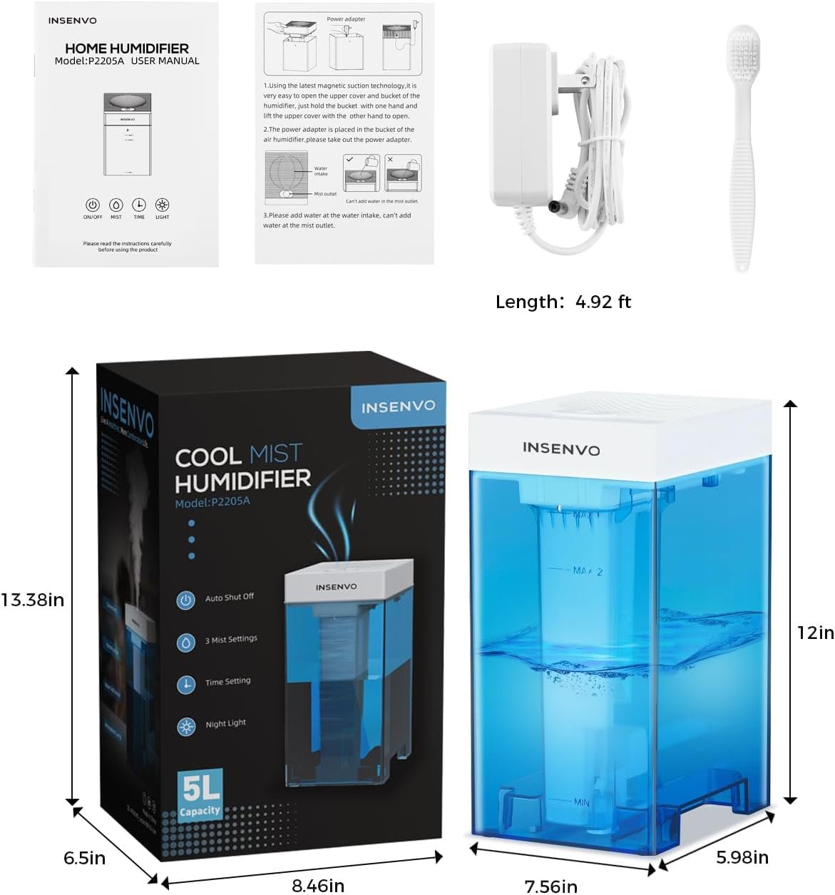 Top Fill Humidifier, 5L Cool Mist Humidifier with Touch Control, Ultrasonic Adjustable 3 Mist Outputs, 3 Timers, Auto Shut-off Air Humidifier for Bedroom, Living Room, Office, Pets, Plants - Image 10