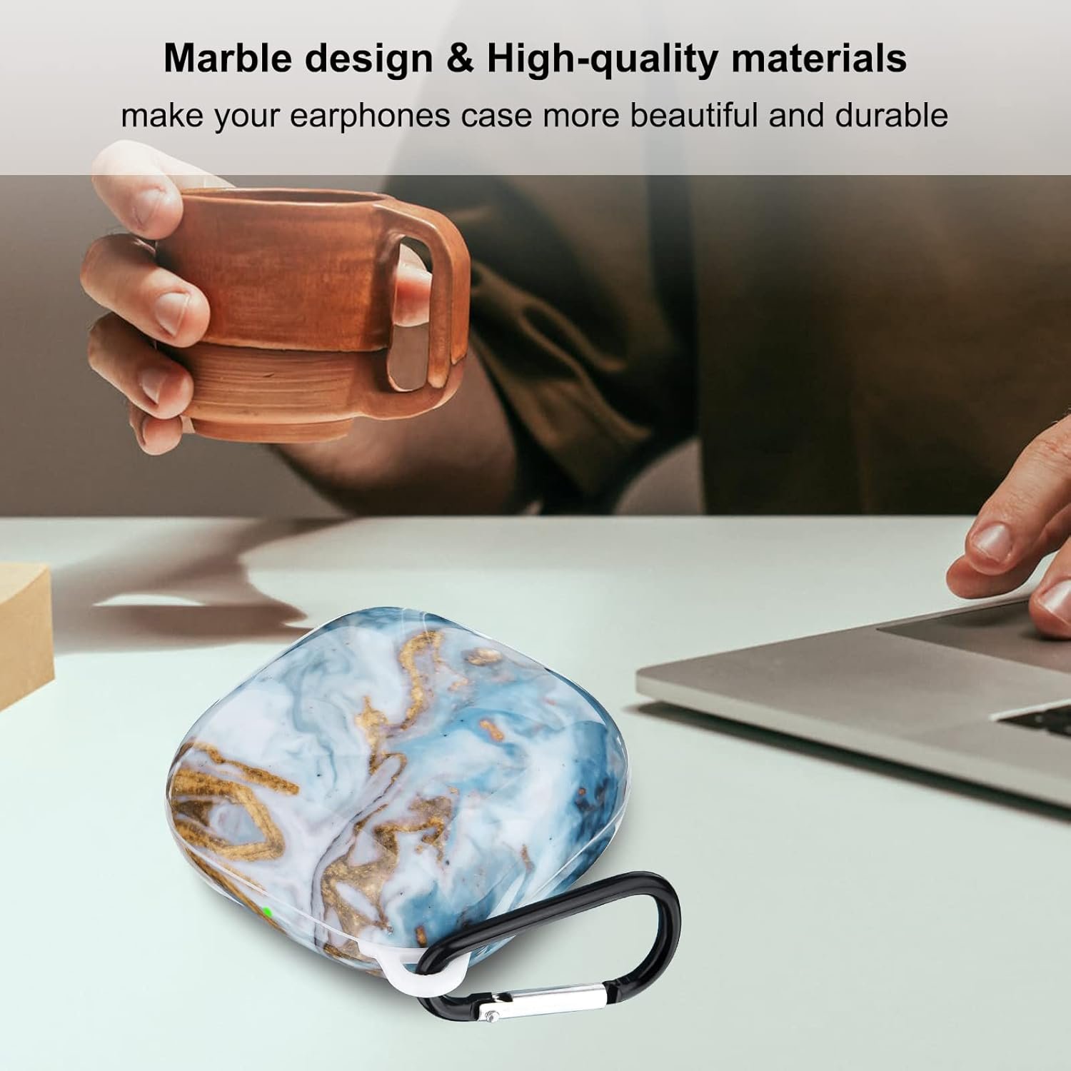 Case Compatible with Powerbeats Pro Case Cover, Upgraded Anti-Lost & Shockproof Protective Case with Carabiner for Beats Powerbeats Pro (Marble Blue) - Image 6