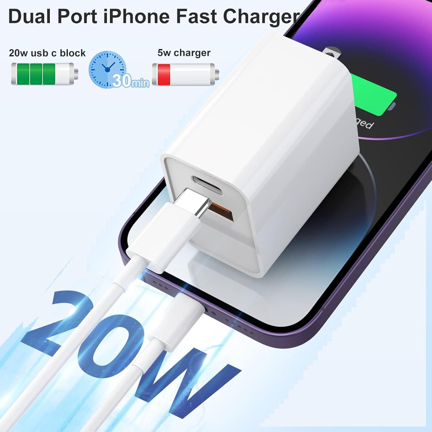 USB C Wall Charger,Dual Port 10FT iPhone Charger 20W PD+QC3.0 Power Adapter Fast Charging Block Plug with 10ft USB C to Lightning Cable for iPhone 14/14 Pro/14 Pro Max/13/12/11/Pro Max/XS/XR/X/AirPods - Image 3