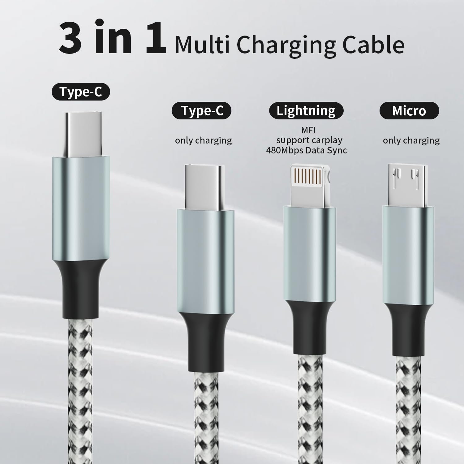 USB C Multi Charging Cable, (2 Pack 4FT), 3 in 1 Charging Cable Nylon Braided Universal Charging Cable with Type-C, Micro USB,IP Port for iPhone16/15 Series/Cell Phones & Pads and Other Devices - Image 3