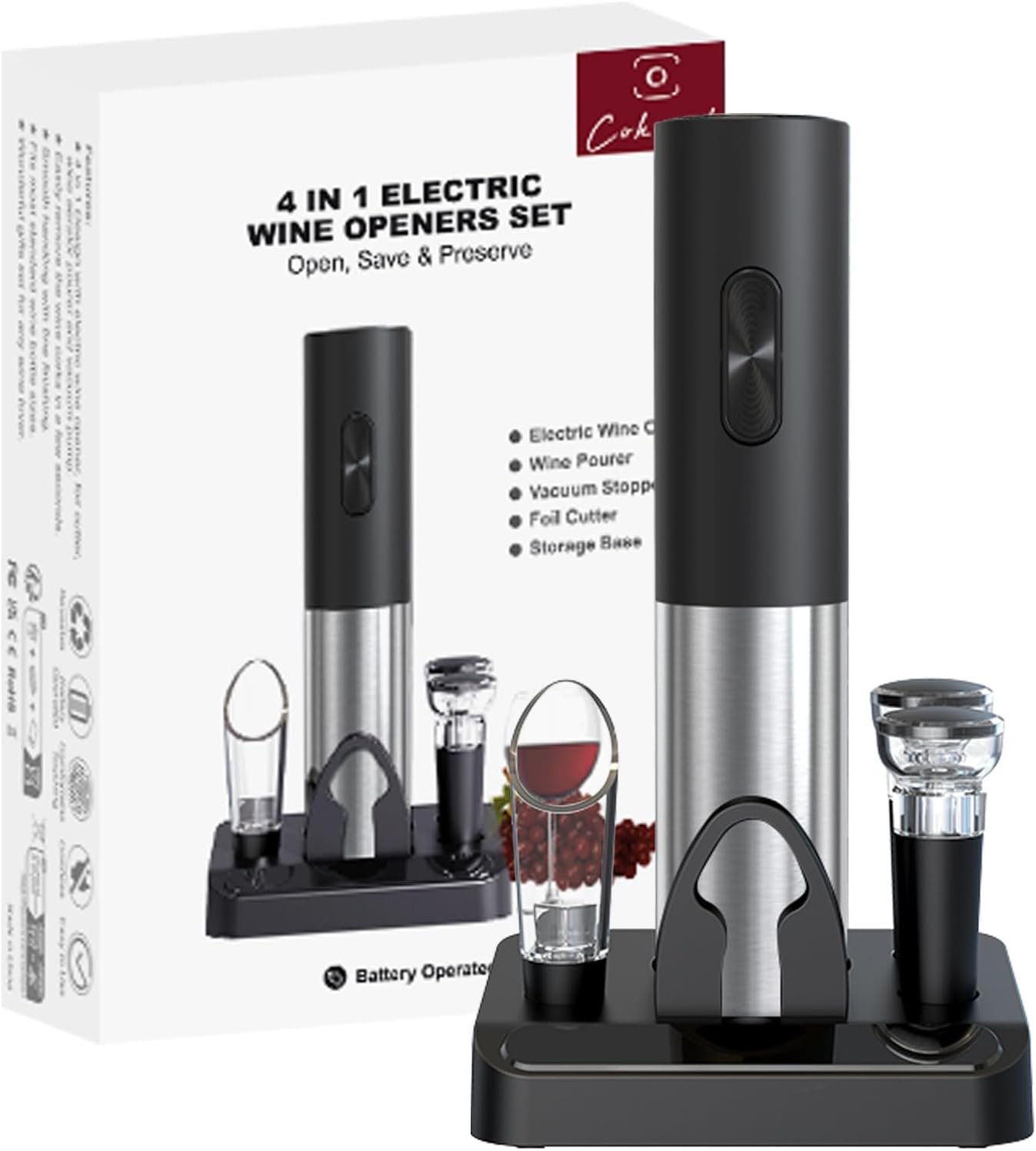 COKUNST Electric Wine Opener Set with Stand, Battery Operated Corkscrews Wine Bottle Openers with Foil Cutter, Wine Pourer, Vacuum Stoppers, Automatic Wine Opener Stainless Steel for Kitchen Party - Image 9