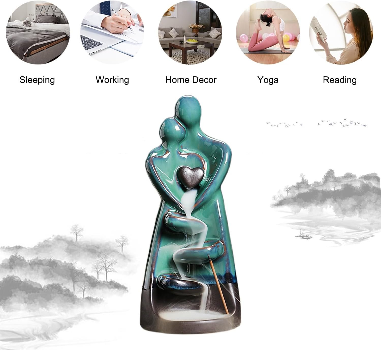 Ceramic Incense Holder, Creative Incense Waterfall Ornament, Backflow Incense Burner with 20 Backflow Incense Cones + 30 Incense Sticks, Zen Garden Yoga Meditation Home Decor - Image 5