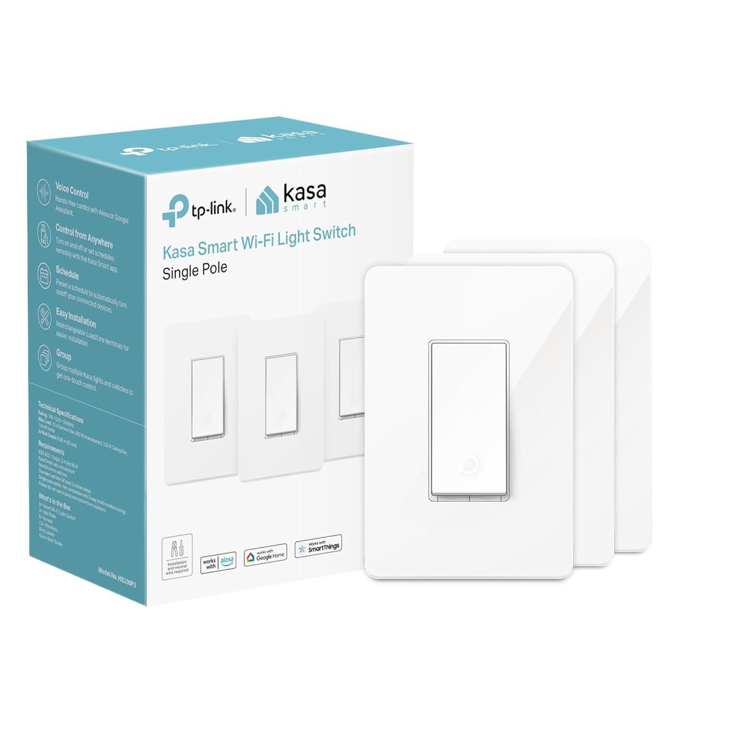 Kasa Smart Light Switch HS200P3, Single Pole, Needs Neutral Wire, 2.4GHz Wi-Fi Light Switch Works with Alexa and Google Home, UL Certified, No Hub Required, 3 Count -Pack of 1 , White - Image 2