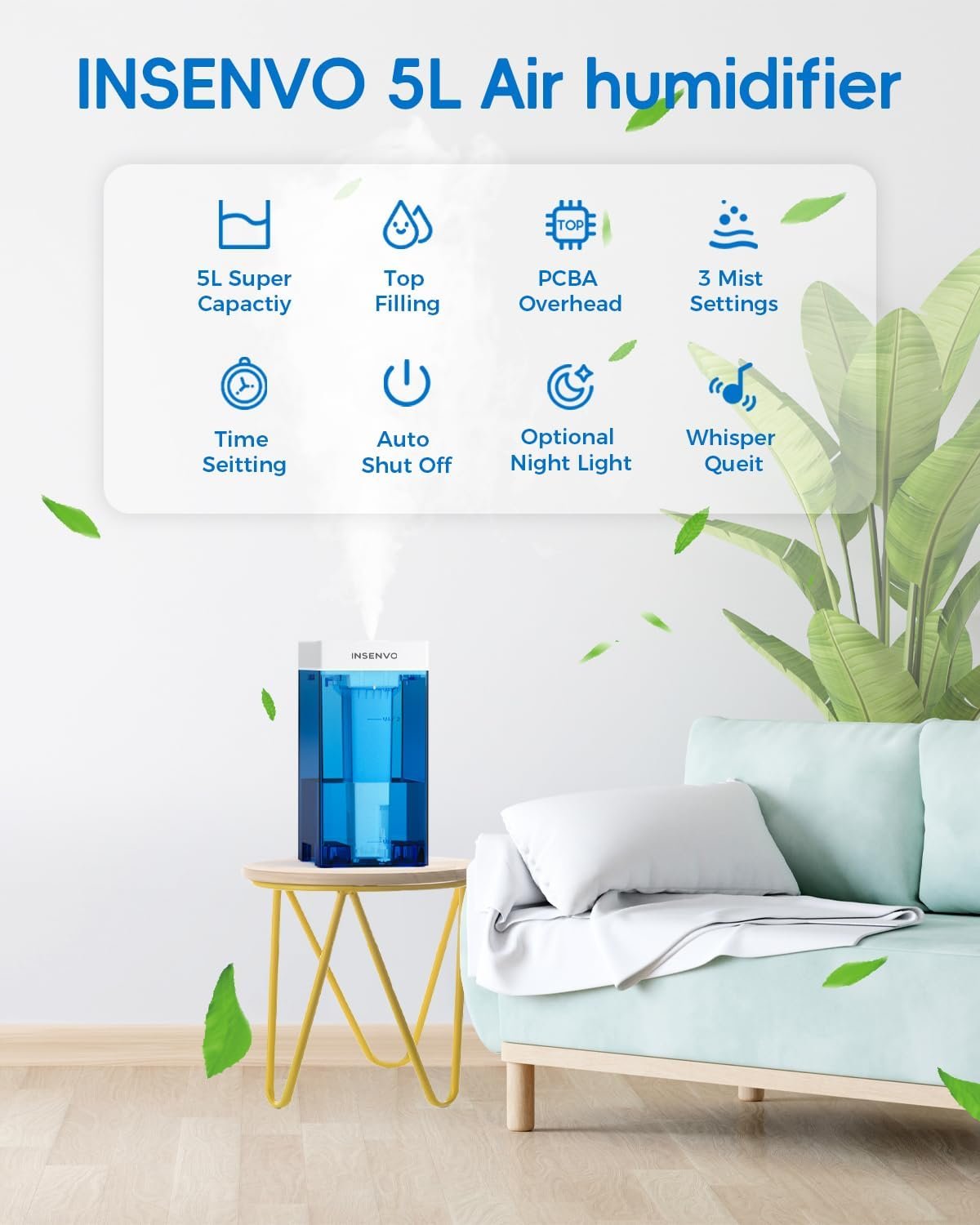 Top Fill Humidifier, 5L Cool Mist Humidifier with Touch Control, Ultrasonic Adjustable 3 Mist Outputs, 3 Timers, Auto Shut-off Air Humidifier for Bedroom, Living Room, Office, Pets, Plants - Image 3