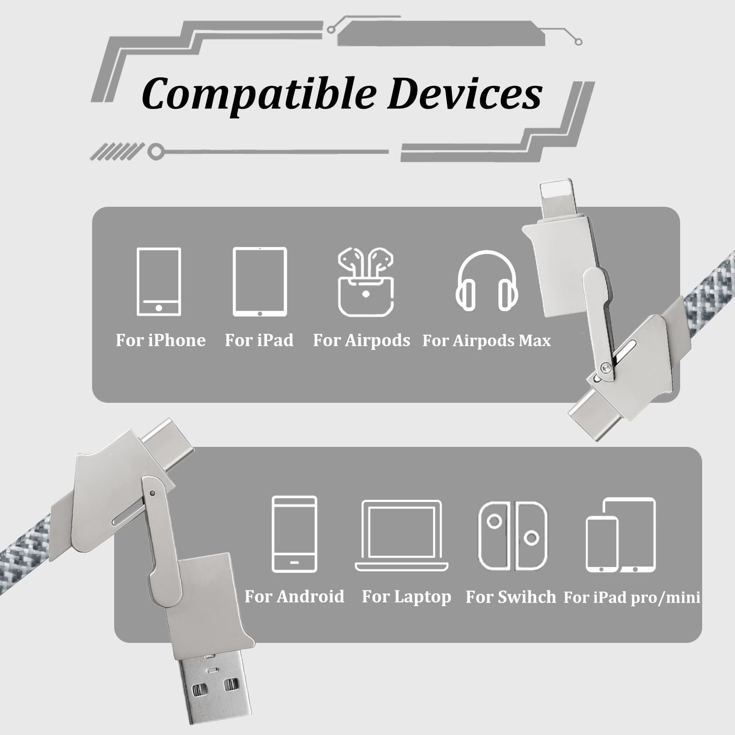 Adhiper 4 in 1 USB C Charging Cable,60W/3A 3.3FT Fast Charging Cable,Multi Charger Cord for Samsung Galaxy S23/S22/S21 & iPhone 15/14/13 Series,Multi Cable for Lighting/USB C/USB A(Light Gray) - Image 3