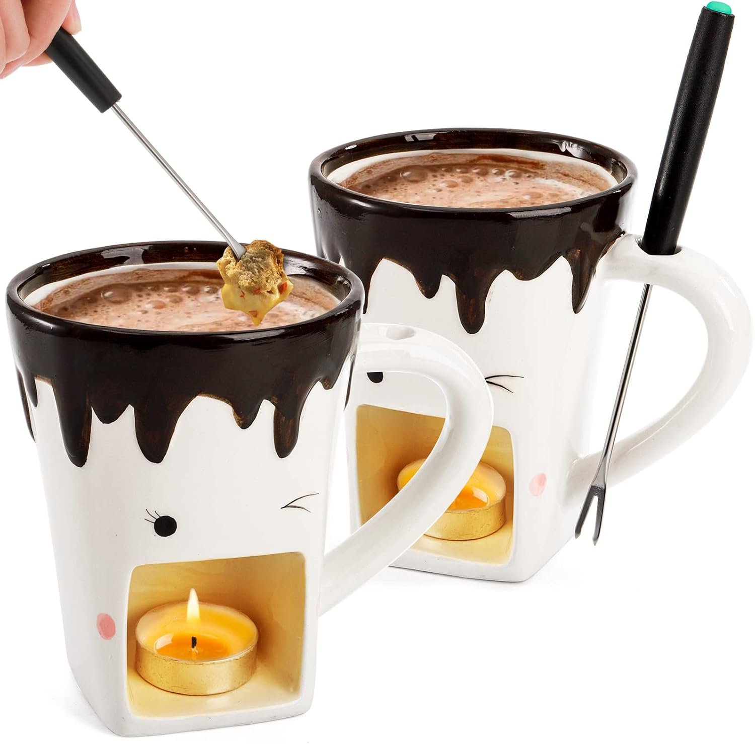 Dicunoy Set of 2 Fondue Mugs with Forks, Ceramic Personal Chocolate Melting Cup for Cheese, Individual Ceramic Butter Warmers Pot, Tealight Candle Mini Simmer Mug for Caramel, Tapas - Image 3