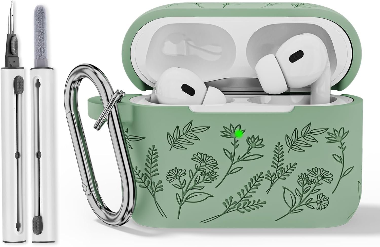 Compatible with Airpod Pro 2nd Generation Case, Flower Engraved Cute Airpod Case Cover with Cleaner Kit, Soft Silicone Skin Full Cover for airpod pro 2 gen case, Cactus Green - Image 2