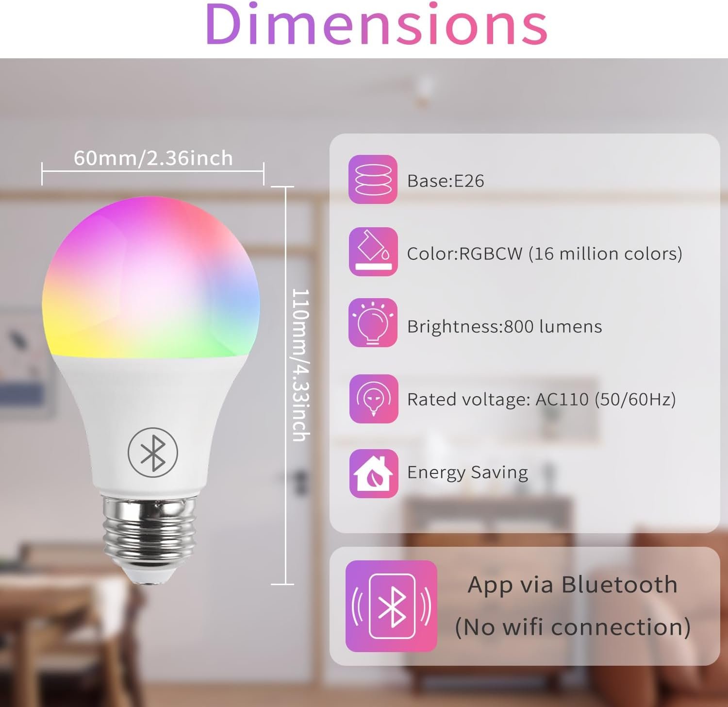 Bluetooth Tuya Smart Life App Light Bulb, A19 E26 LED Bulbs Dimmable and CCT + Full RGB Color Changing Lighting Bulbs 800LM 60W Equivalent 1 Pack(Don't Support WiFi/Alexa) - Image 3