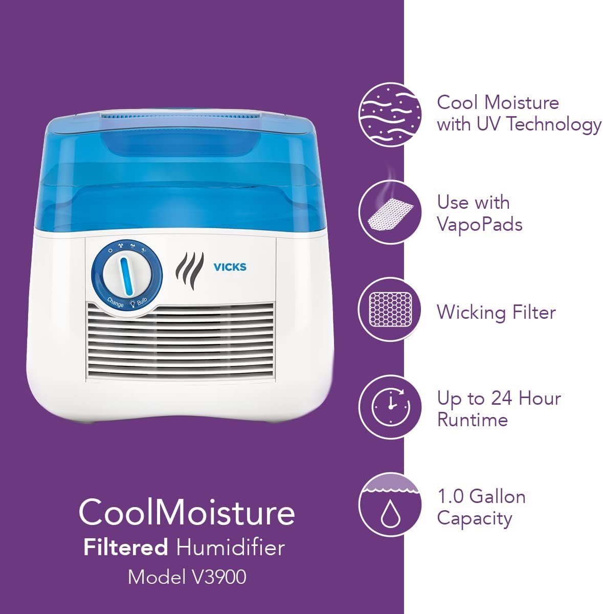 Vicks Cool Mist Humidifier with UV light. Evaporative Humidifier auto-adjusts to room humidity without over humidification. For Kids Bedrooms, Baby Rooms, and More. Use with Vicks VapoPads. - Image 6