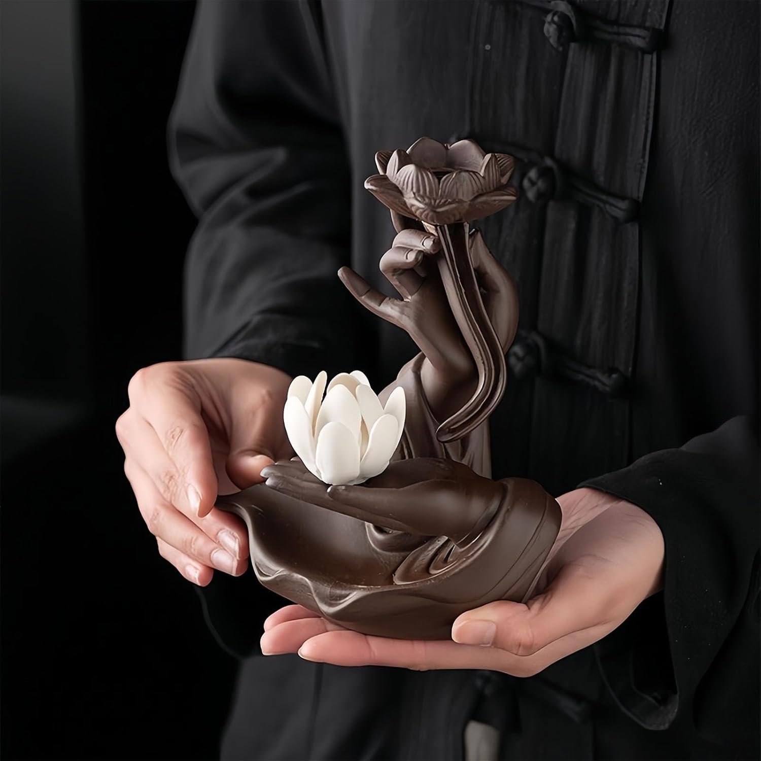 Lotus in Hand Cermaic Backflow Incense Burner,Waterfall Incense Burner with 50 Sandalwood Backflow Incense Holder Cones + 40 Incense Sticks,Incense Waterfall Fountain for Zen Decor (1) - Image 5