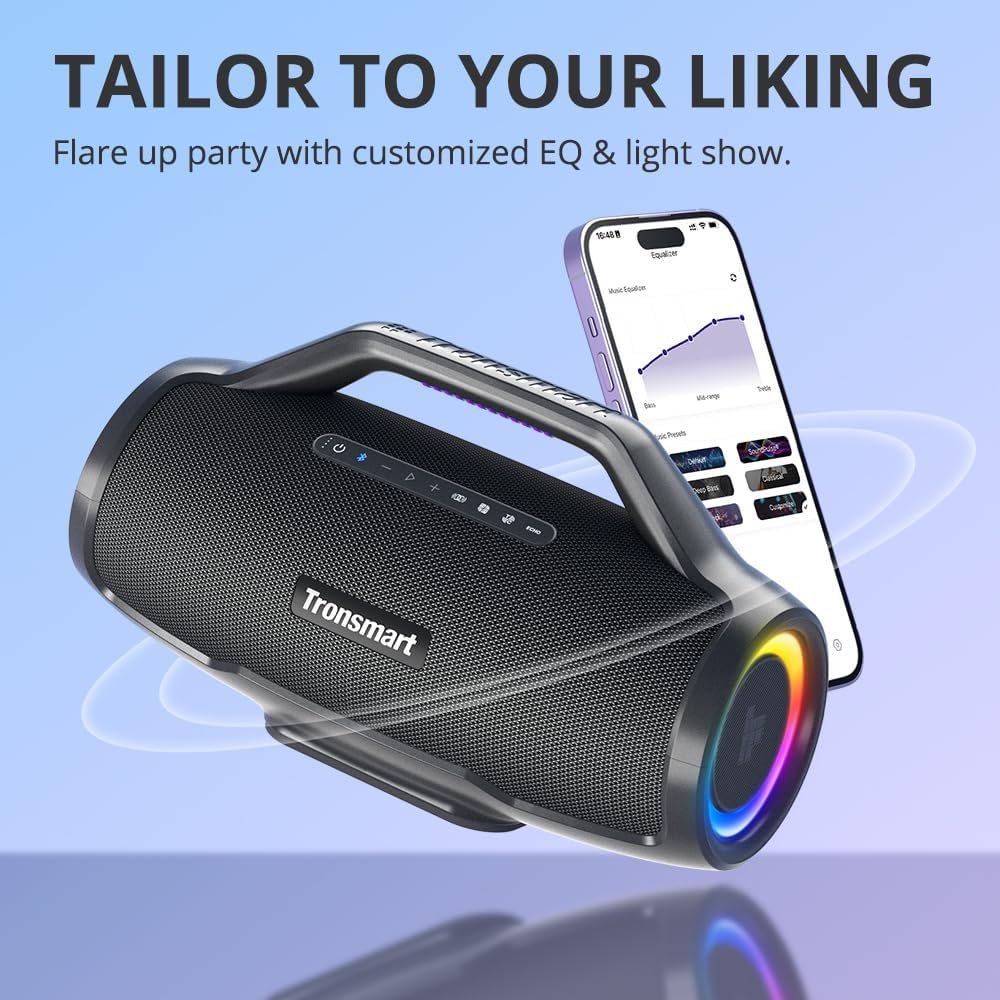 Tronsmart Bang Max Portable Bluetooth Speaker, 130W Powerful Loud Speaker with Deep Bass, Party Sync, IPX6 Waterproof, 24H Playtime, Customized EQ & Light Show,Portable Speaker with Handle for Outdoor - Image 5