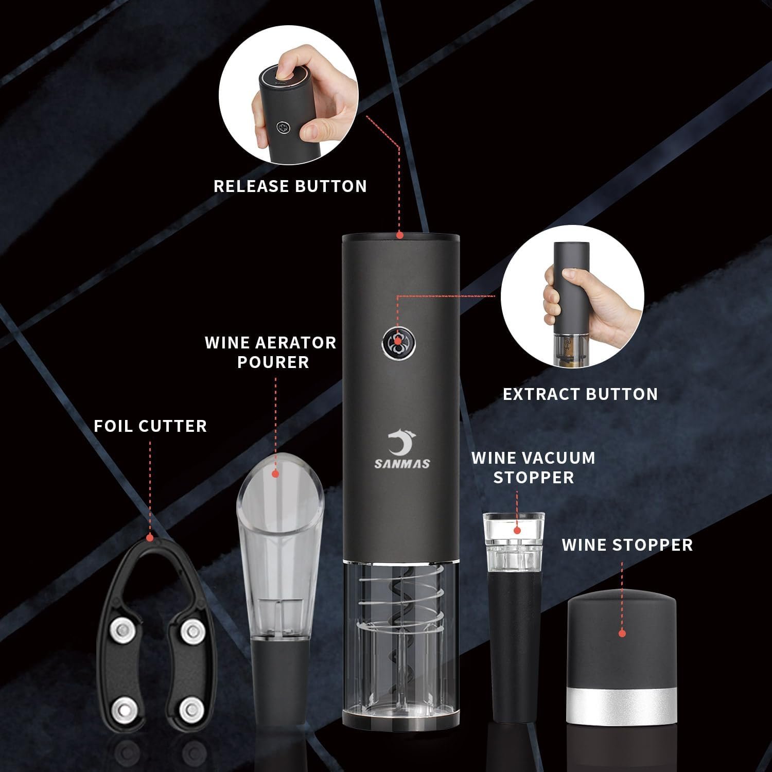 SANMAS Electric Wine Bottle Opener Set, Rechargable Automatic Corkscrew Opener with Foil Cutter Wine Stopper Vacuum Wine Aerator Pourer for Wine Lover Gift - Image 4