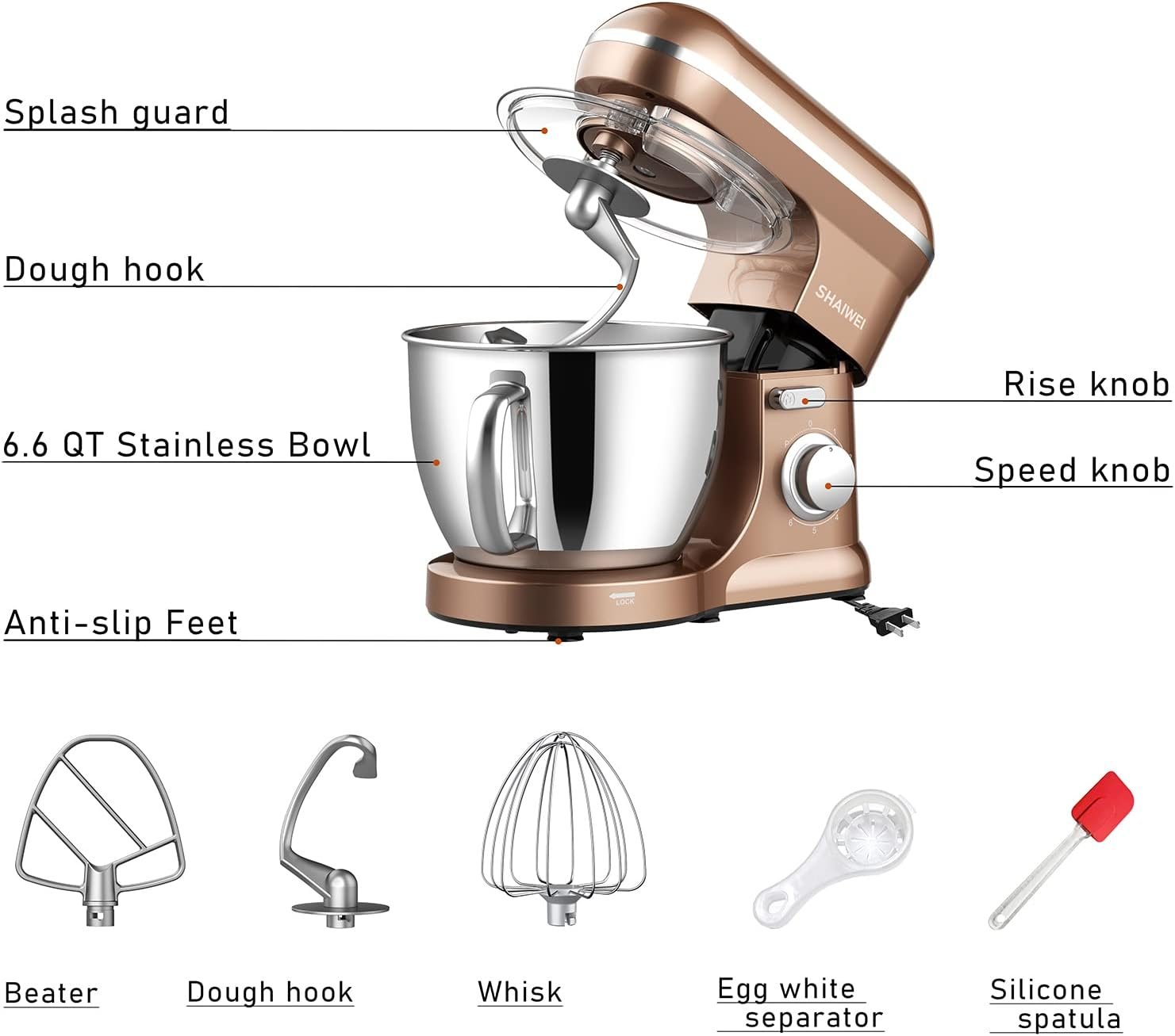 Kitchen Stand Mixer, 6.5 Quart, 6 Speed Tilt-Head Kitchen Mixer, Electric Food Mixer with Dough Hook, Wire Whip, Beater, Gold - Image 6