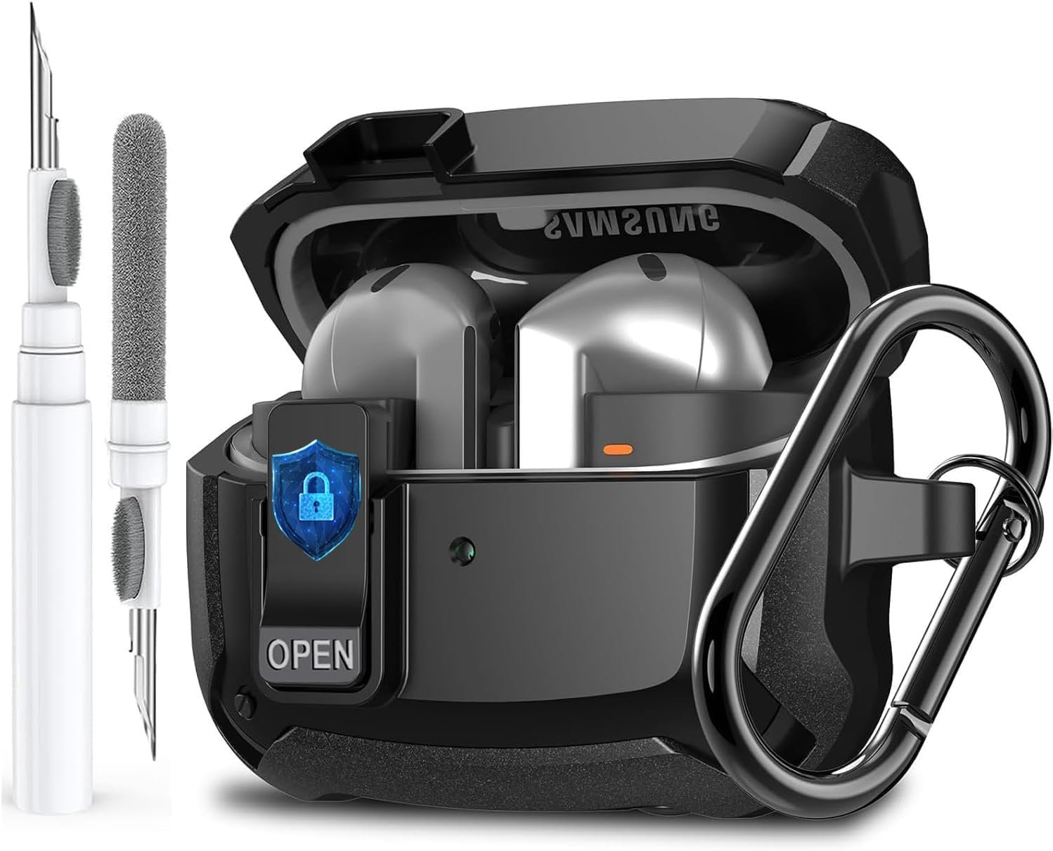 Galaxy Buds 3 Pro/Buds 3 Case Cover 2024 with Secure Lock Clip, Rugged Armor Shockproof Samsung Galaxy Buds 3/3 Pro Protective Hard Cover Shell with Carabiner&Cleaner kit for Men Women, Black - Image 2