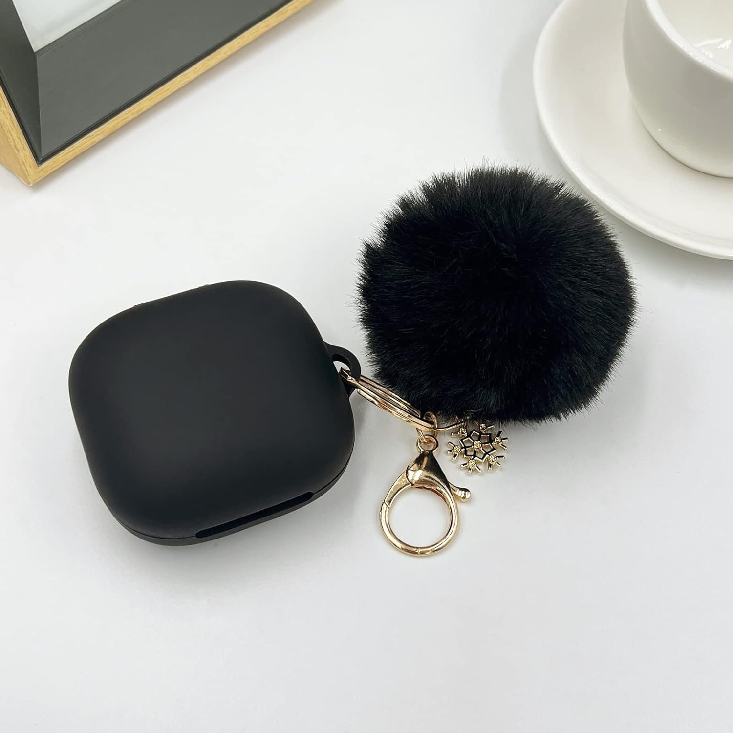 Case Compatible with Beats Fit Pro Soft Silicone Case for Beats Fit Pro 2021 with Cute Pompom Keychain (Black) - Image 6