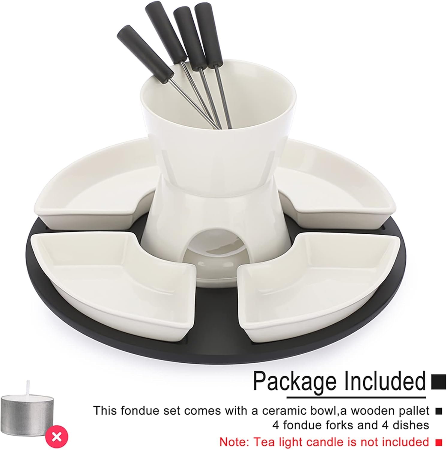 300ML Ceramic Butter Warmer Set with Wooden Pallet, Fondue Pot Melting Pot Set, Melt Hot Pot Bowl Set For Cheese Chocolate Butter Caramel, with 4 Forks and 4 Dishes - Image 8