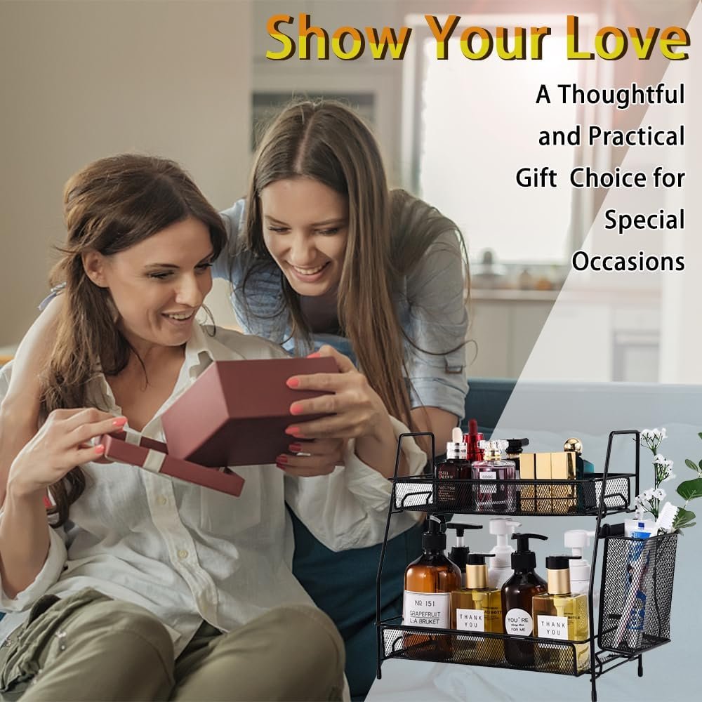 LEMIKKLE Countertop Organizer for Bathroom Counter, The Organizer for Bedroom, Spice Rack Organizer for Kitchen Counter Shelf with Small Basket(Black) - Image 8