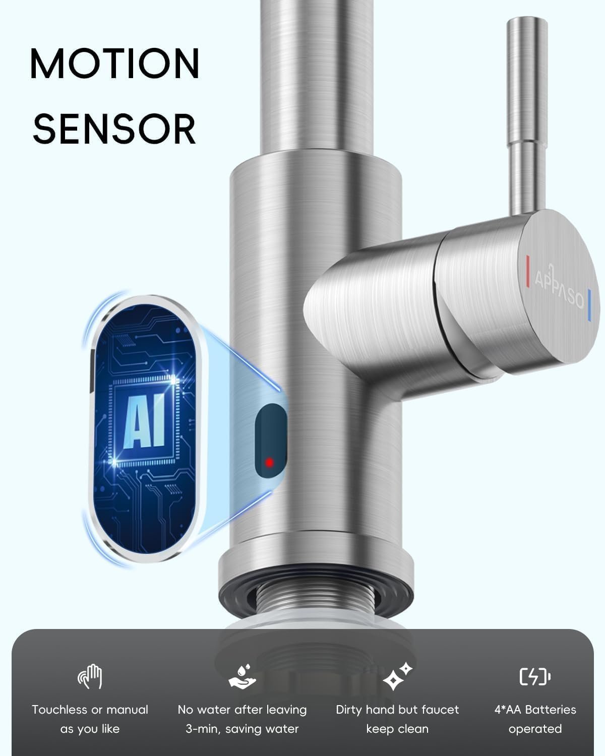 APPASO Touchless Kitchen Faucet with Pull-Down Sprayer, Kitchen Sink Faucet Touchless Brushed Nickel, Single Handle Hands-Free Motion Sensor Faucets Suitable for 1 or 3-Hole Sink, Stainless Steel - Image 3