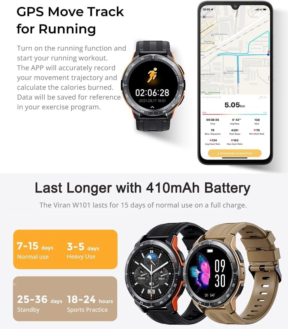 VIRAN Military Smart Watch for Men Women (Answer/Make Calls), 35 Days Long Battery, IP68 Waterproof 1.43’’ AMOLED Fitness Tracker, 100+ Sport Modes Fitness Watch with SpO2/Sleep/Heart Rate Monitor - Image 9