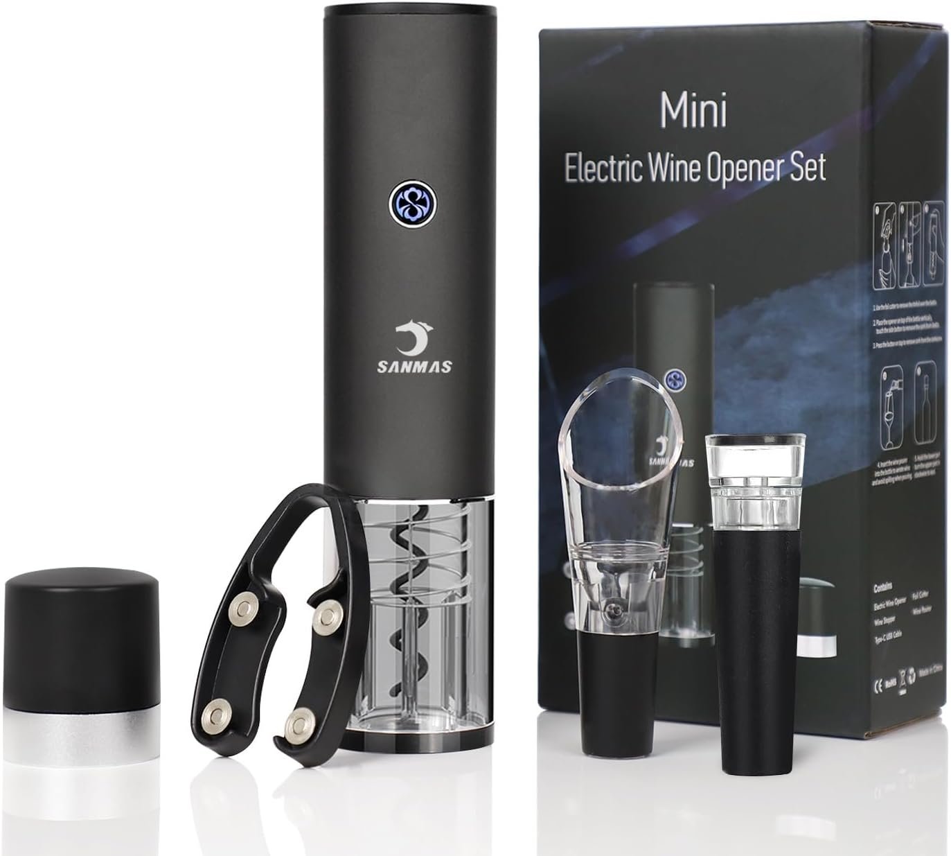 SANMAS Electric Wine Bottle Opener Set, Rechargable Automatic Corkscrew Opener with Foil Cutter Wine Stopper Vacuum Wine Aerator Pourer for Wine Lover Gift - Image 2