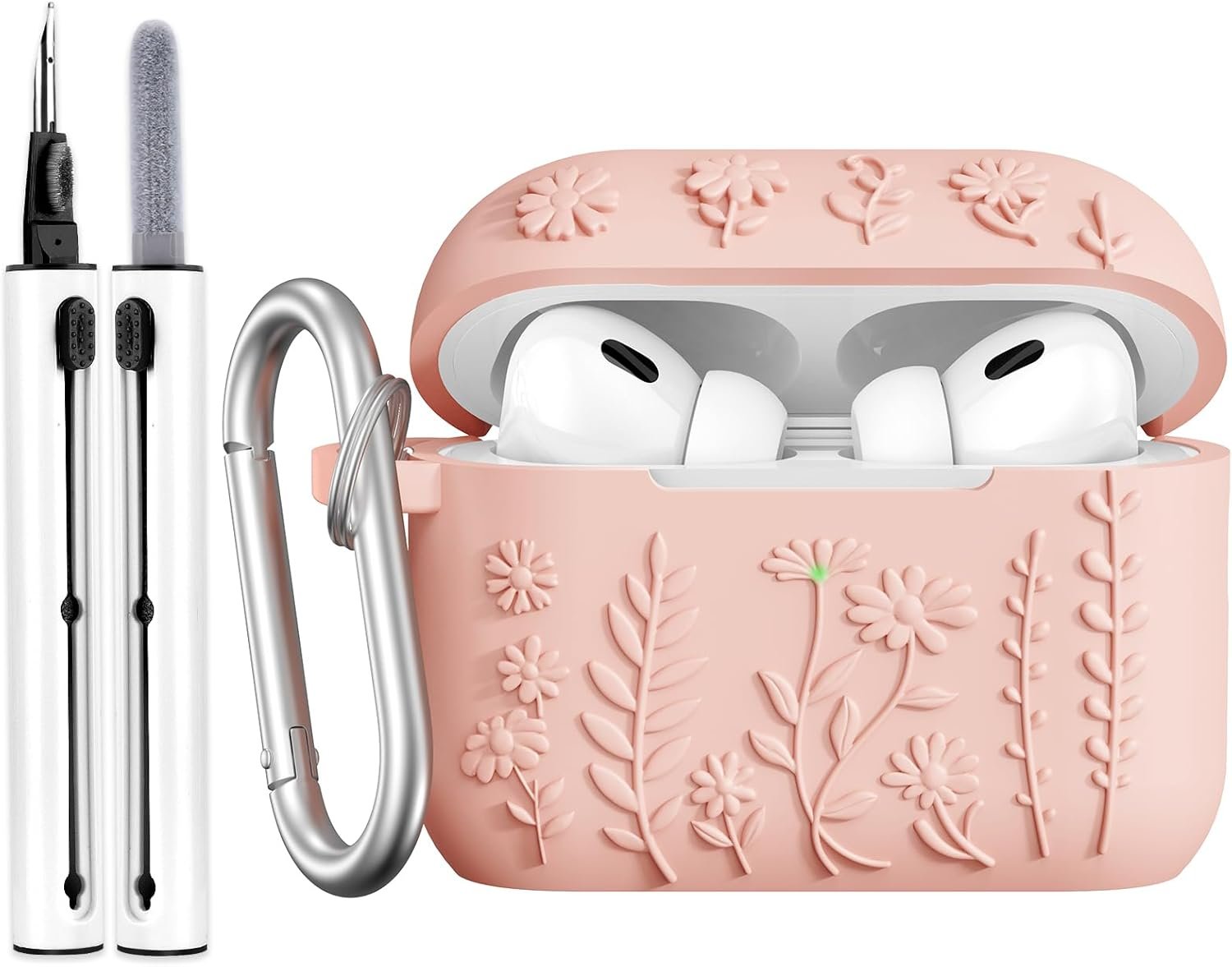 AirPods Pro 2 Case Cover, KOREDA Cute Flower Engraved Design Case for Airpods Pro 2nd Generation/1st Generation, Soft Silicone Full Protective Cover with Keychain & Cleaner Kit, Pink - Image 2