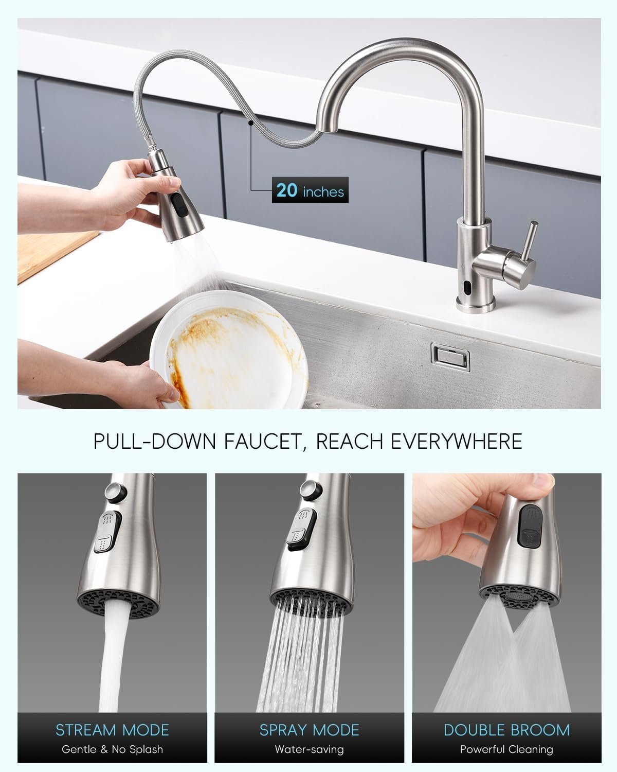 APPASO Touchless Kitchen Faucet with Pull-Down Sprayer, Kitchen Sink Faucet Touchless Brushed Nickel, Single Handle Hands-Free Motion Sensor Faucets Suitable for 1 or 3-Hole Sink, Stainless Steel - Image 4