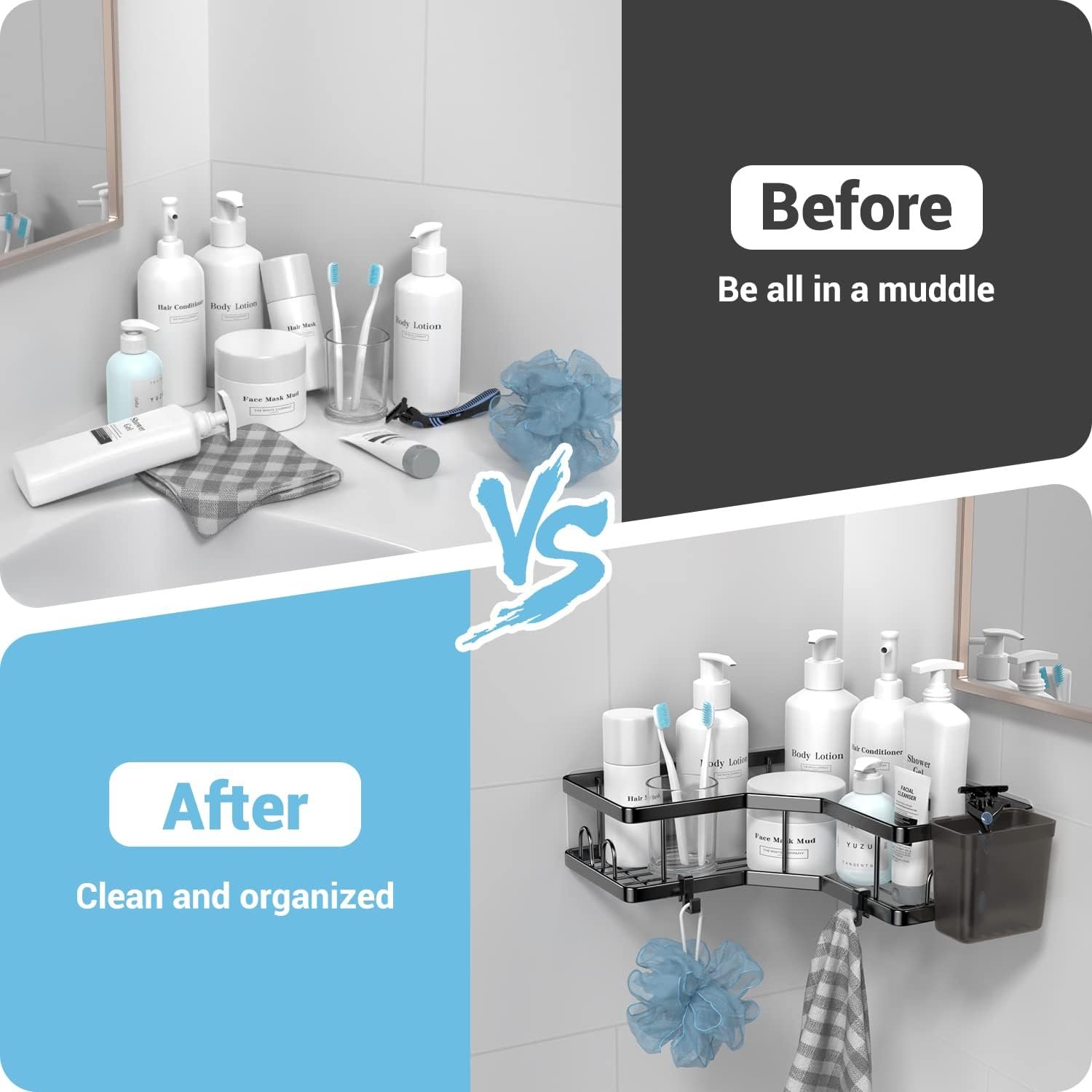 Corner Shower Caddy, 2 Pack Adhesive Shower Corner Organizer Shelves, No Drilling Stainless Steel Shower Storage Rack with Hooks&Toothpaste Holder for Bathroom, Dorm and Kitchen - Image 6