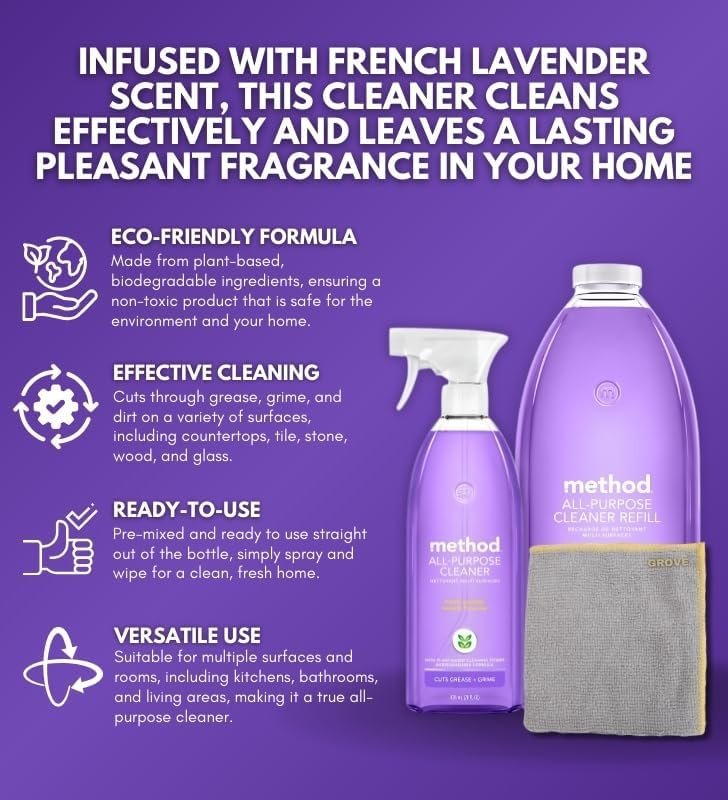 Method French Lavender Scent All Purpose Cleaner Spray 28 oz + 68 oz Refill Bundle with Microfiber Cloth - Multi Surface Cleaner Spray - Plant-Based Cleaning Power - Biodegradable Formula - (3 Items) - Image 4