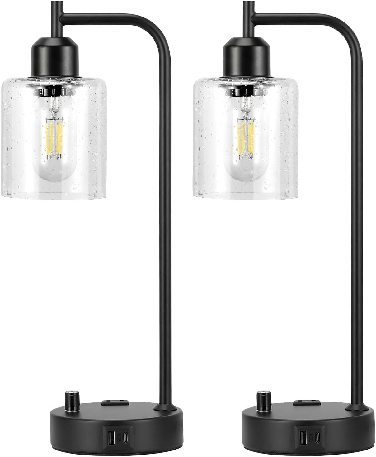 Industrial Table Lamps for Bedrooms Set of 2 - Fully Dimmable Bedside Lamps with USB A and C Ports and Outlet, Black Nightstand Lamps with Glass Shade for Living Room, Desk Lamps for Office Reading - Image 9