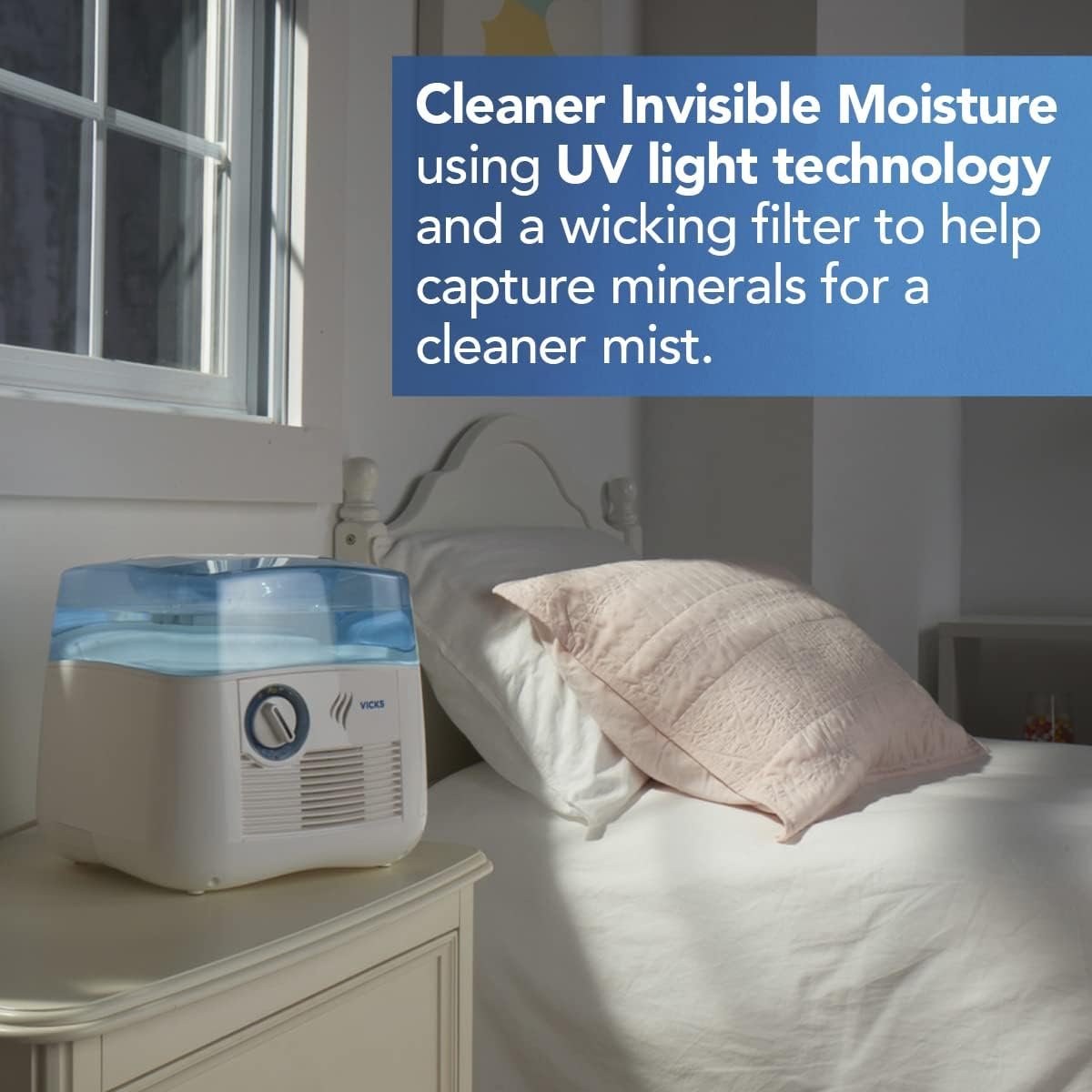 Vicks Cool Mist Humidifier with UV light. Evaporative Humidifier auto-adjusts to room humidity without over humidification. For Kids Bedrooms, Baby Rooms, and More. Use with Vicks VapoPads. - Image 5