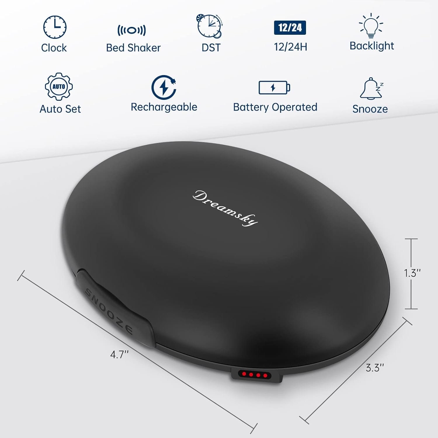 DreamSky Vibrating Alarm Clock for Heavy Sleepers - Auto Set Bed Shaker Alarm Clock Under Pillow for Hearing Impaired, Bedroom, Travel, Rechargeable Battery Operated, Cordless, Auto DST, LCD Backlight - Image 9