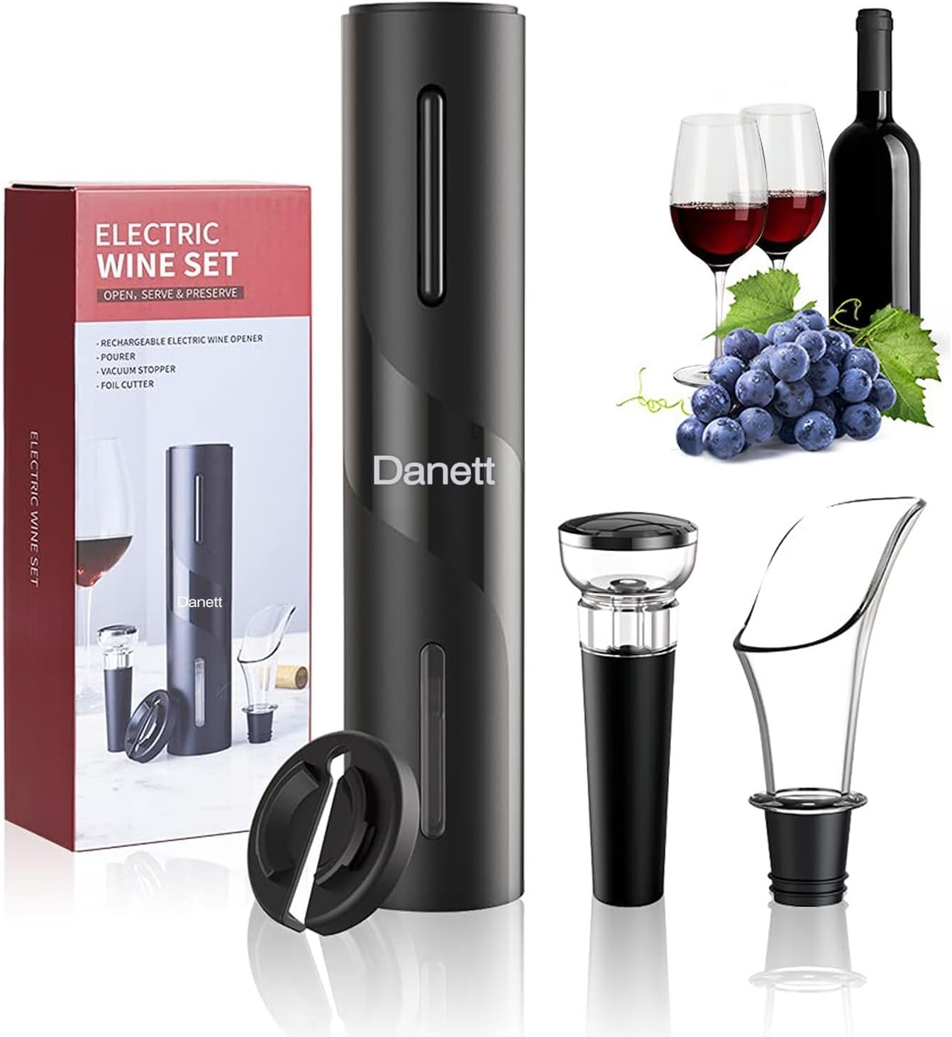 Electric Wine Opener Set - Automatic Corkscrew Opener with Foil Cutter, Pourer, and Vacuum Stoppers - Battery Operated - 4-in-1 Wine Accessories Kit-for Wine Lovers - Image 2