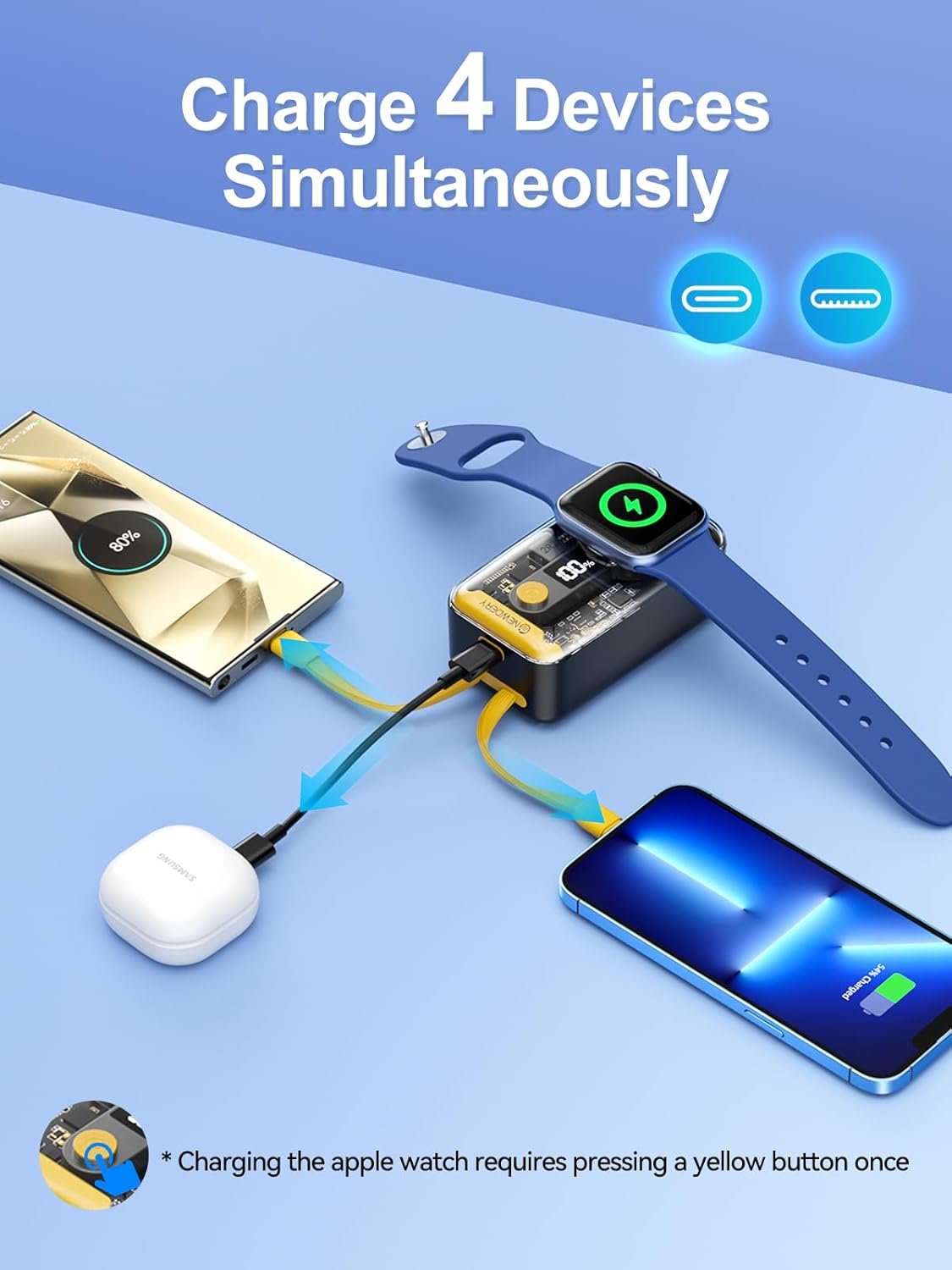 NEWDERY for Apple Watch Charger, 10000mAh Portable Charger Power Bank Built-in Cables, USB C Fast Charging External Battery Pack with LED Display for iPhone 16/15/14/13/12/iWatch/Airpods/Galaxy Phones - Image 3