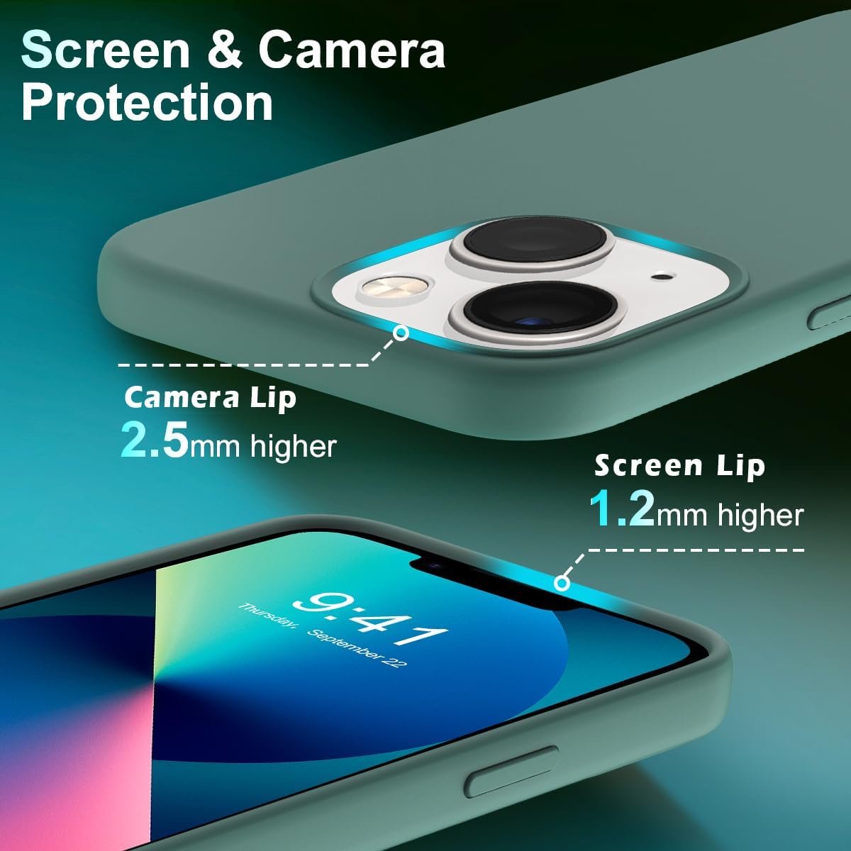 YATWIN [5 in 1 Designed for iPhone 13 Case with 2X Screen Protector + 2X Camera Lens Protector, Liquid Silicone Slim Soft Rubber Shockproof Phone Case Cover for iPhone 13 (6.1") - Pine Green - Image 5
