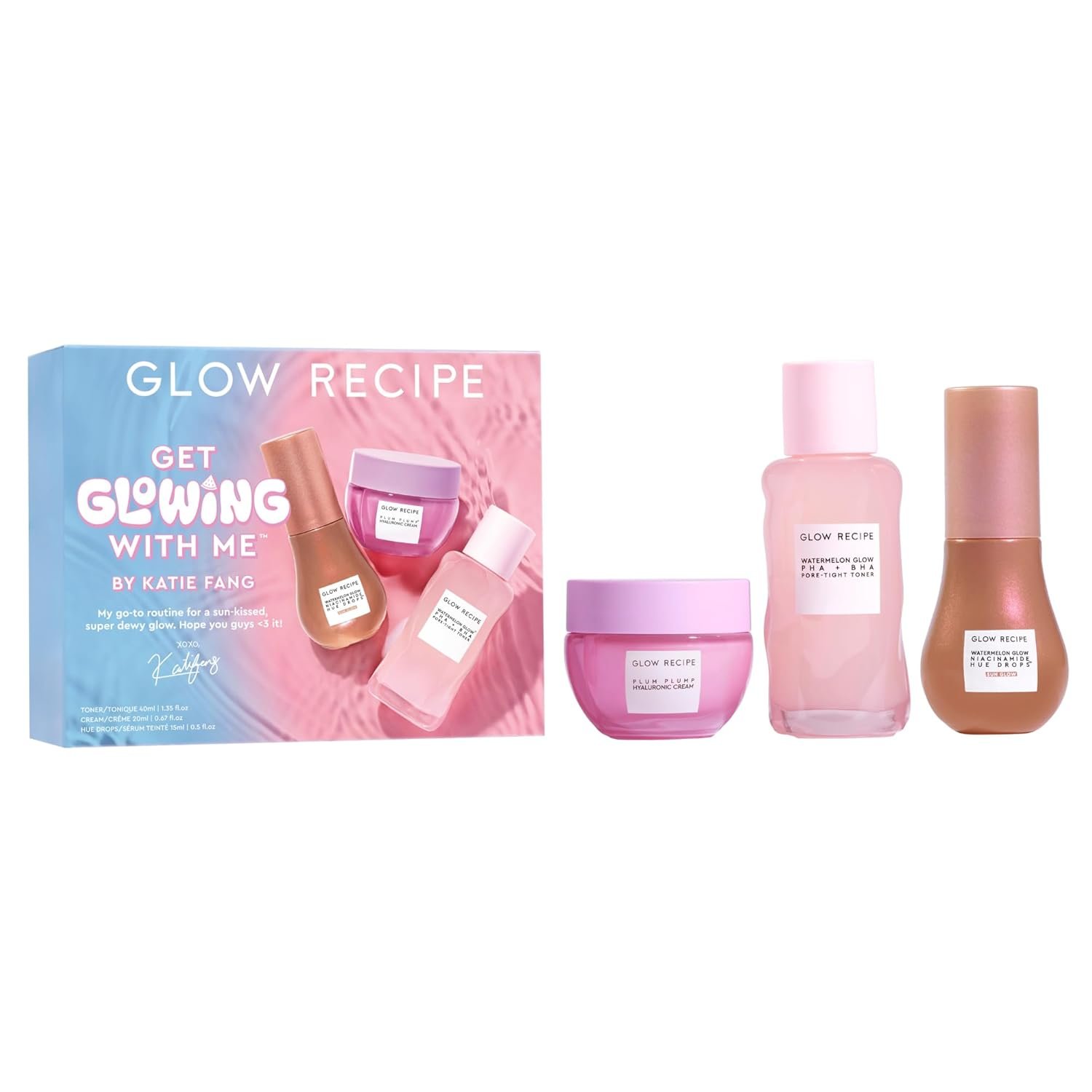 Glow Recipe Get Glowing With Me Kit by Katie Fang - PHA + BHA Face Toner & Gentle Face Exfoliant + Plum Plump Hyaluronic Acid Moisturizer Face Cream + Hue Drops Tinted Serum (3 Count) - Image 2