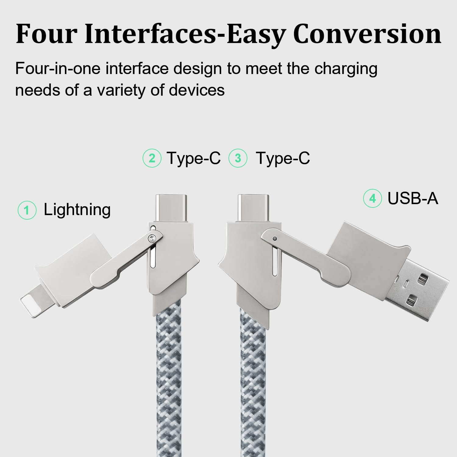 Adhiper 4 in 1 USB C Charging Cable,60W/3A 3.3FT Fast Charging Cable,Multi Charger Cord for Samsung Galaxy S23/S22/S21 & iPhone 15/14/13 Series,Multi Cable for Lighting/USB C/USB A(Light Gray) - Image 7