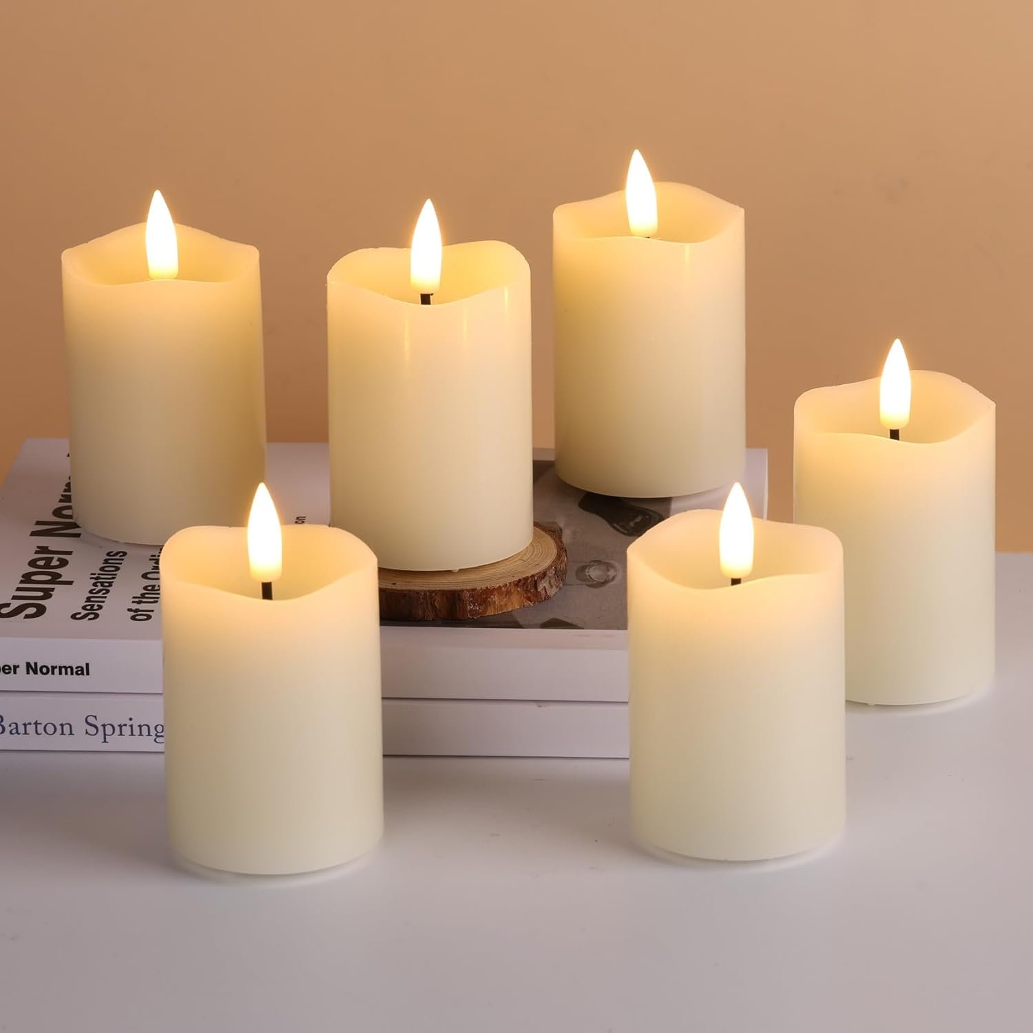 Eywamage Timer Flameless Votive Candles 2 inch x 3 inch , Flickering Small LED Pillar Candles Batteries Included, Ivory Christmas Home Decor 6 Pack with 5 hours timer - Image 8