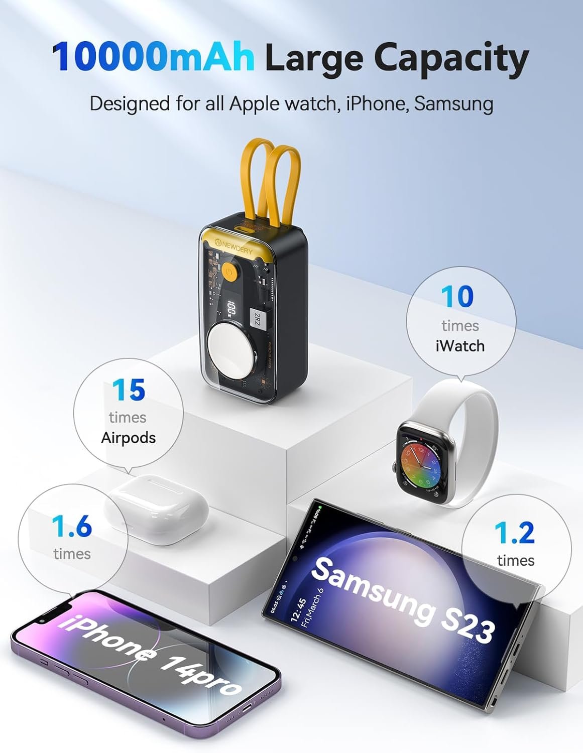 NEWDERY for Apple Watch Charger, 10000mAh Portable Charger Power Bank Built-in Cables, USB C Fast Charging External Battery Pack with LED Display for iPhone 16/15/14/13/12/iWatch/Airpods/Galaxy Phones - Image 6