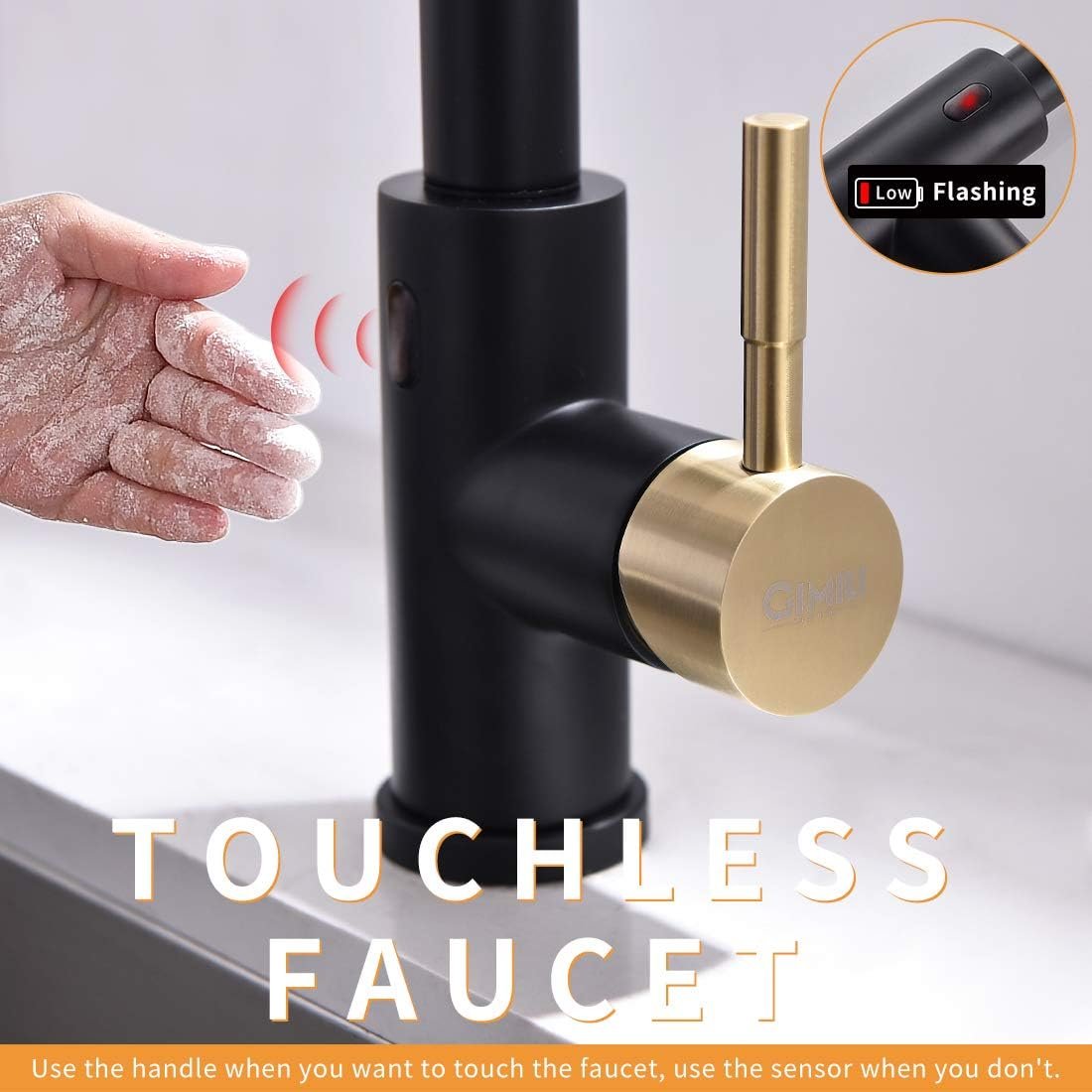 GIMILI Black and Gold Touchless Kitchen Faucet with Pull Down Sprayer, Motion Sensor Smart Hands-Free Activated Single Hole Spring Faucet for Kitchen Sink, Matte Black&Brushed Gold - Image 4