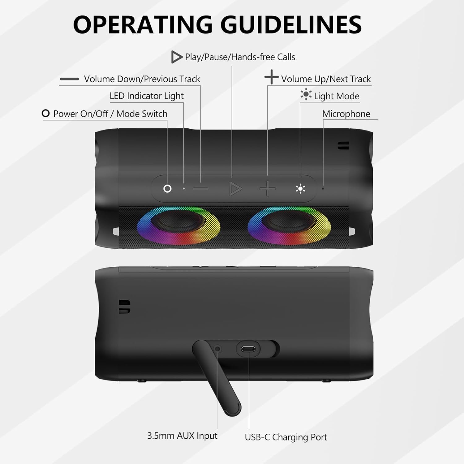 DONOW Bluetooth Speaker with Lights, 30W Stereo Sound, Bass Boost, IPX5 Waterproof, 20H Playtime, Portable Wireless Speaker with Built-in Mic, for Party, Home, Outdoor, Beach(Black) - Image 7