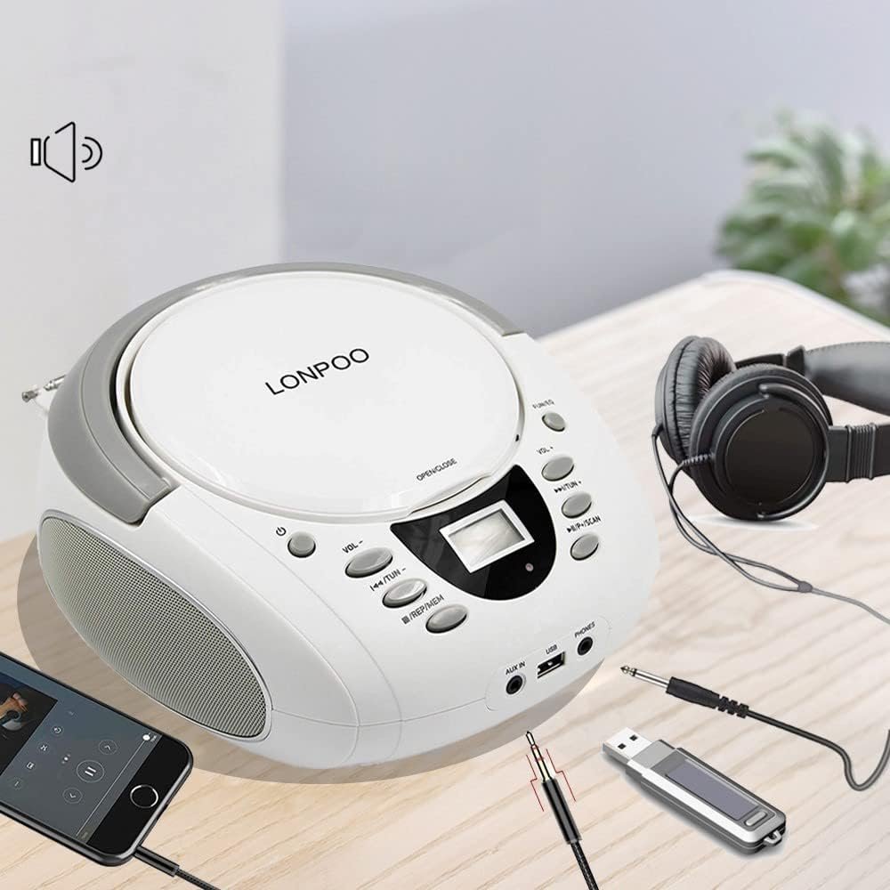 LONPOO CD Player Portable Boombox with FM Radio/USB/Bluetooth/AUX Input and Earphone Jack Output, Stereo Sound Speaker & Audio Player,White - Image 4