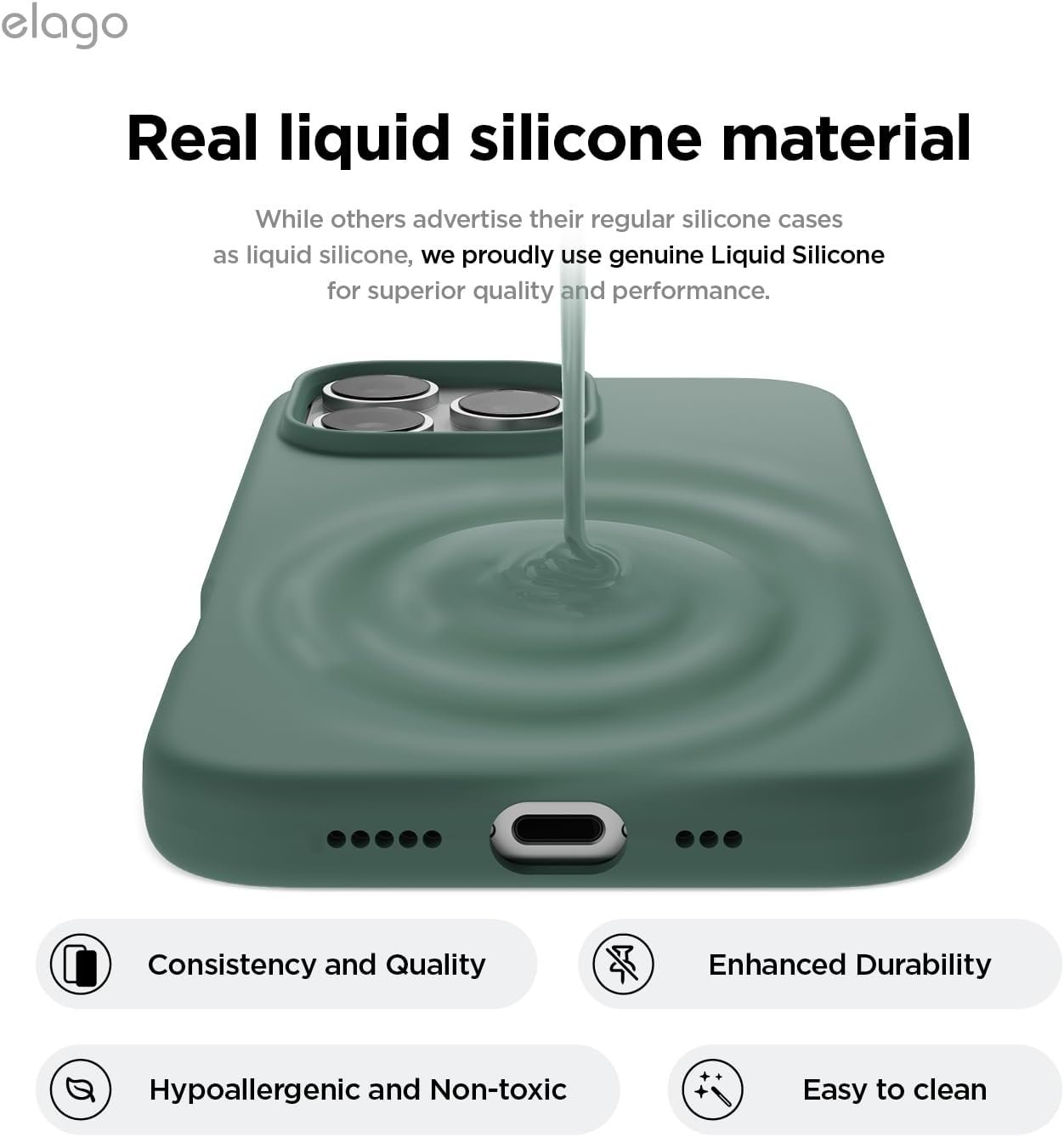 elago Compatible with iPhone 16 Pro Case, Premium Liquid Silicone Case, Full Body Protective Cover, Shockproof, Slim Phone Case, Anti-Scratch Soft Microfiber Lining, 6.3 inch (Midnight Green) - Image 4