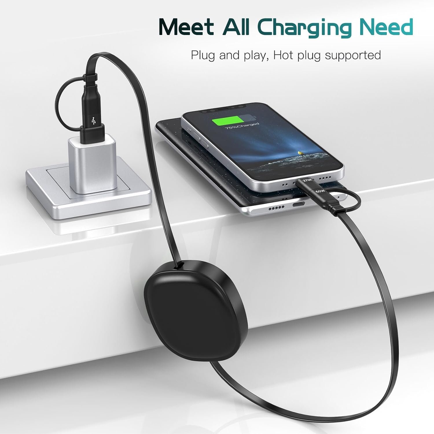 Multi Charging Cable, 2Pack 5 in 1 Retractable Lightning Chrger Cable 60W Fast Charging & Data Sync, Retractable Charging Cord Multi Car Charger for iPhone 16/15/14/13 iPads Samsung S24 S23 Tablets - Image 3